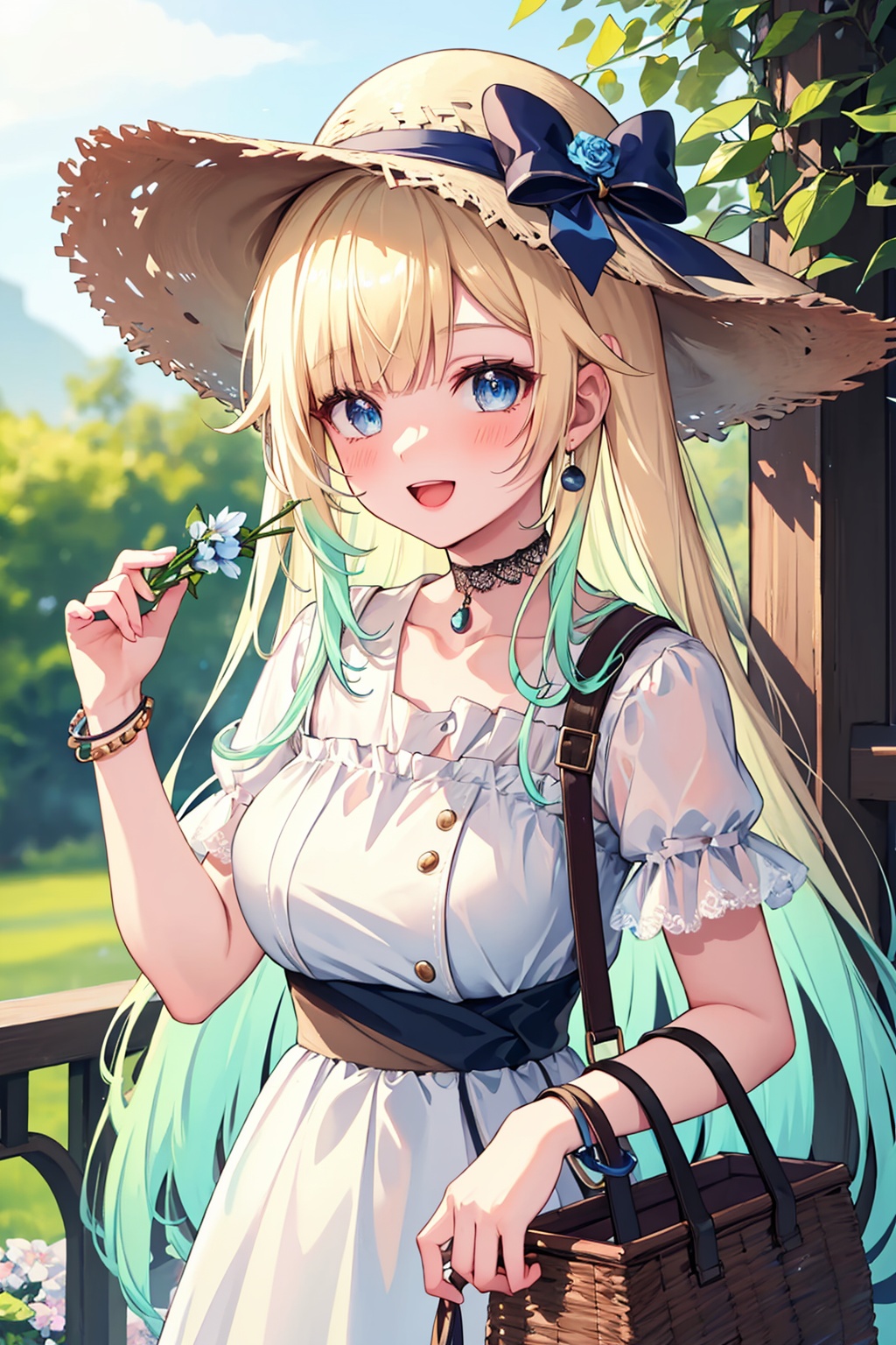 masterpiece,best quality, highly detailed, aizawa ema,1girl, solo, straw hat, looking at viewer, outdoors, open mouth, petals, short sleeves, sun hat, white dress, blue flower, brown headwear, blurry, bracelet, breasts, hat ribbon, :d, hat bow, day, upper body, white shirt, holding basket, black choker, blush, lace choker,<lora:aizawa_ema:1>