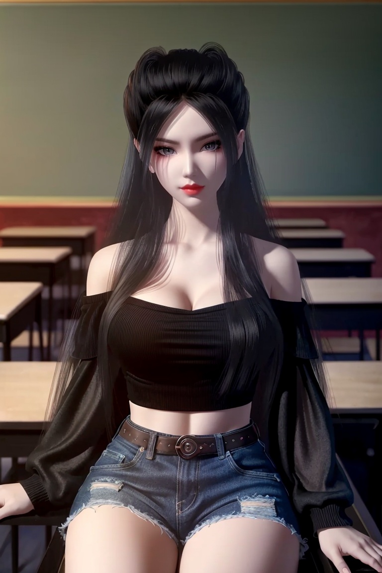 ((HRD, HUD, 8K)),((masterpiece, best quality)), highly detailed, 1girl, solo, black hair, long hair, lips, red lips, makeup, (off-shoulder sweater:1.2), denim shorts, blurry background, classroom, chalkboard, sitting, cowboy shot, looking at viewer, <lora:20240518-1715992227646:0.7>