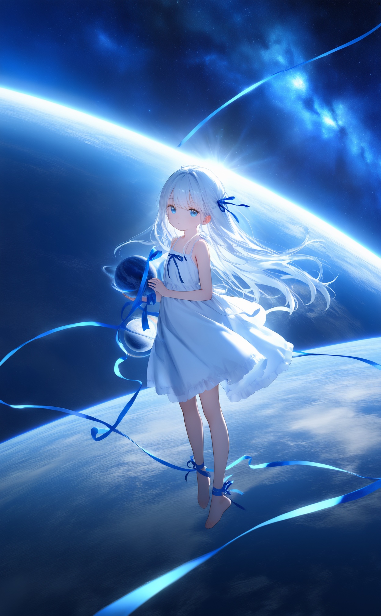 masterpiece,best quality,high quality,loli,Blue Theme,//,1girl,solo,dress,white dress,long hair,blue eyes,white hair,full body,looking at viewer,bangs,planet,ribbon,space,standing,holding,star (sky),blue ribbon,floating,//,year_2023,year_2024,//,official art,depth of field,detailed light,blurry background,cinematic lighting,ray tracing,ultra detailed,god rays,backlighting,photo background,chromatic aberration,volumetric lighting,depth of field,blurry background,cinematic lighting,day,very aesthetic,