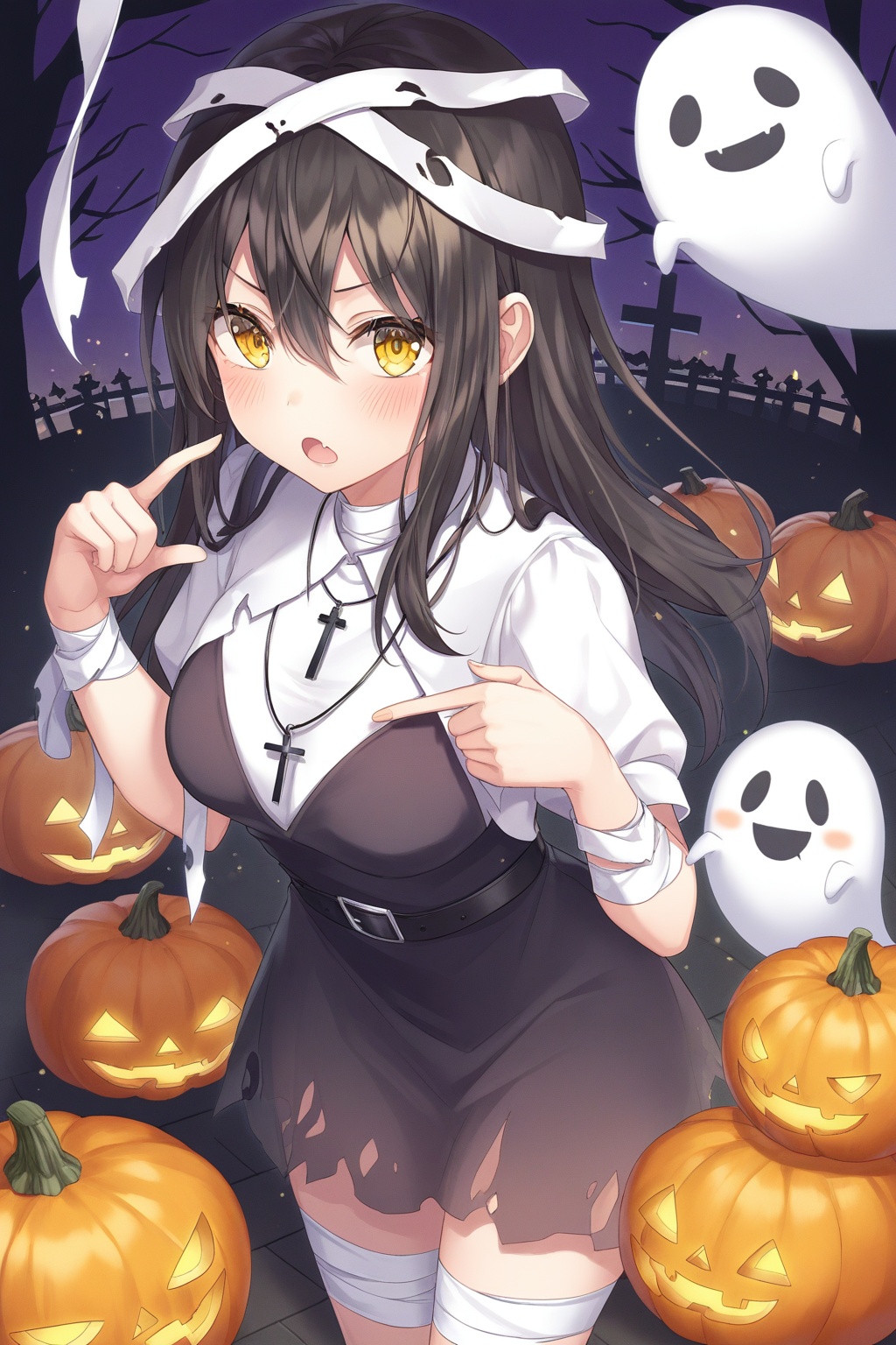 1girl, ghost, yellow_eyes, cross, solo, black_hair, long_hair, looking_at_viewer, dress, halloween, bandages, jack-o'-lantern, open_mouth, hair_between_eyes, cross_necklace, belt, breasts, holding, black_dress, blush, pumpkin, jewelry, necklace, pointing_at_self