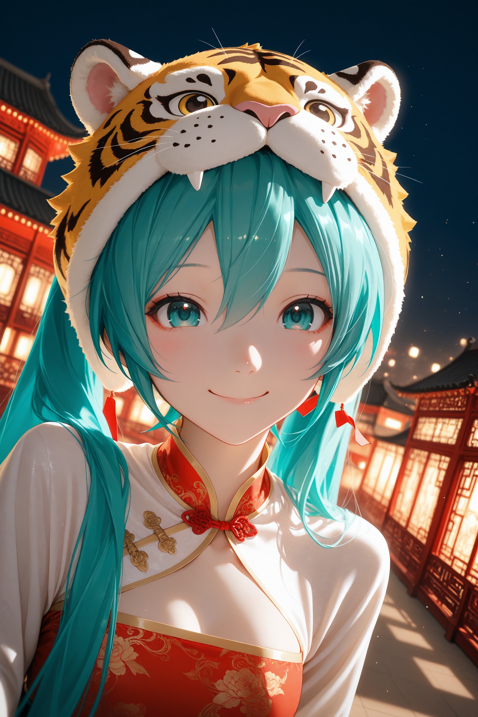 chinese_new_year,chinese architecture,festive,cheerful picture,it's refreshing,tiger hat,hanfu,china dress,point to the sky,happy smile,night,real light and shadow effect,ray tracing,face focus,Hatsune Miku,extreme aesthetic,in the style of fashion photography,light particles,Visual impact,sharp focus,Emotionalization,depth of field,dynamic pose,dutch angle,