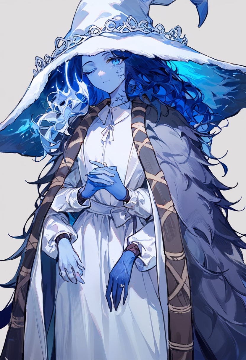 1girl, ranni the witch,  ciloranko, maccha \(mochancc\), lobelia \(saclia\), migolu, ask \(askzy\), wanke, (jiu ye sang:1.1), (rumoon:0.9), (mizumi zumi:1.1), white witch hat, blue ring, white dress, grey fur cloak, blue hair, blue eyes, one eye closed, blue skin, cracked skin, doll joints, extra arms, extra faces, hat, solo, looking at viewer, crack, closed mouth, doll, witch hat, joints, cloak, dress, long hair, colored skin, masterpiece, best quality, newest, absurdres, nsfw, explicit <lora:ln_v1.1-000013:1>