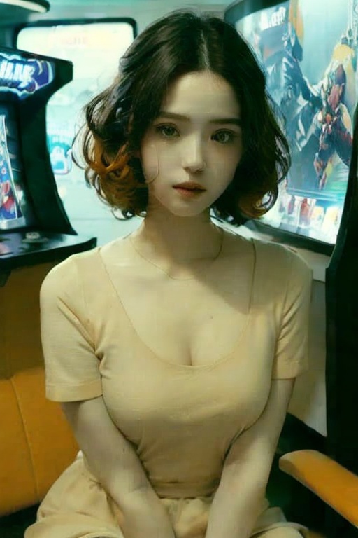 ((ultra realistic:1.3)),(best quality:1.3),(illustration),(hyper detailed),(high quality),perfect face,perfect hand,masterpiece,1girl,solo,mature female,small hands,small_head,withdrawn face,realistic,detailed clothes with patterns,realistic facial features,extremely detailed face,Baffled,Curly Bob with Deep Side Part,Bright Orangecolor hair,Harvest Goldcolor eyes,large breasts,bulkybody,looking at another,propped up on one elbow (resting),pov,Virtual reality arcade with immersive gaming experiences.,Peplum dress with a crew neck and short sleeves,Cork wedges,sexy,<lora:Electronic Patina:1.5>,