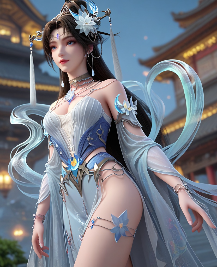 (oriental architecture, elegant decor, sophisticated style:1.1),Standing with one foot on a step, looking ahead,,(breasts:1.2),<lora:XL16完美世界邀月公主:0.95>,princess yaoyue,white corset mermaid gown with front thigh-high slit,blue eyes,black hair,draped looped buns with long cascading hair,very long hair,crescent crystal ornament,hair ornament,jewelry,hagoromo,wide flowing sleeves,, zPDXL2, score_9, score_8_up, score_7_up BREAK realistic, masterpiece,best quality, highly detailed,, zPDXL3, zPDXL2,zPDXL, zPDXLxxx, zPDXLrl,