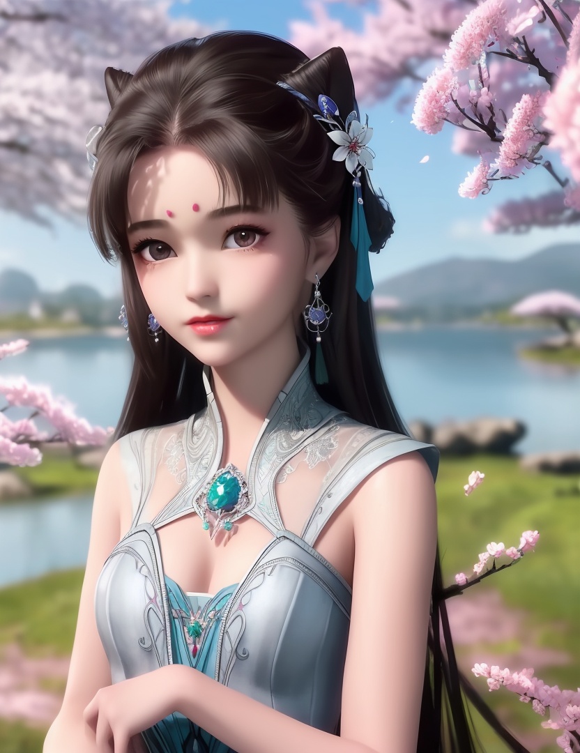 ultra realistic 8k cg, picture-perfect face, flawless, clean, masterpiece, professional artwork, famous artwork, cinematic lighting, cinematic bloom, perfect face, beautiful face, fantasy, dreamlike, unreal, science fiction,  beautiful clothes, lace, lace trim, lace-trimmed legwear,  (rich:1.4), prestige, luxury, jewelry, diamond, gold, pearl, gem, sapphire, ruby, emerald, intricate detail, delicate pattern, charming, alluring, seductive, erotic, enchanting, hair ornament, necklace, earrings, bracelet, armlet,halo((,1girl, ,))(((,teenage, cherry blossoms, 1girl, tree, spring_\(season\), solo, black_hair,chinese clothes,looking at viewer, upper body, ))) <lora:DA_LanLingEr:0.6>