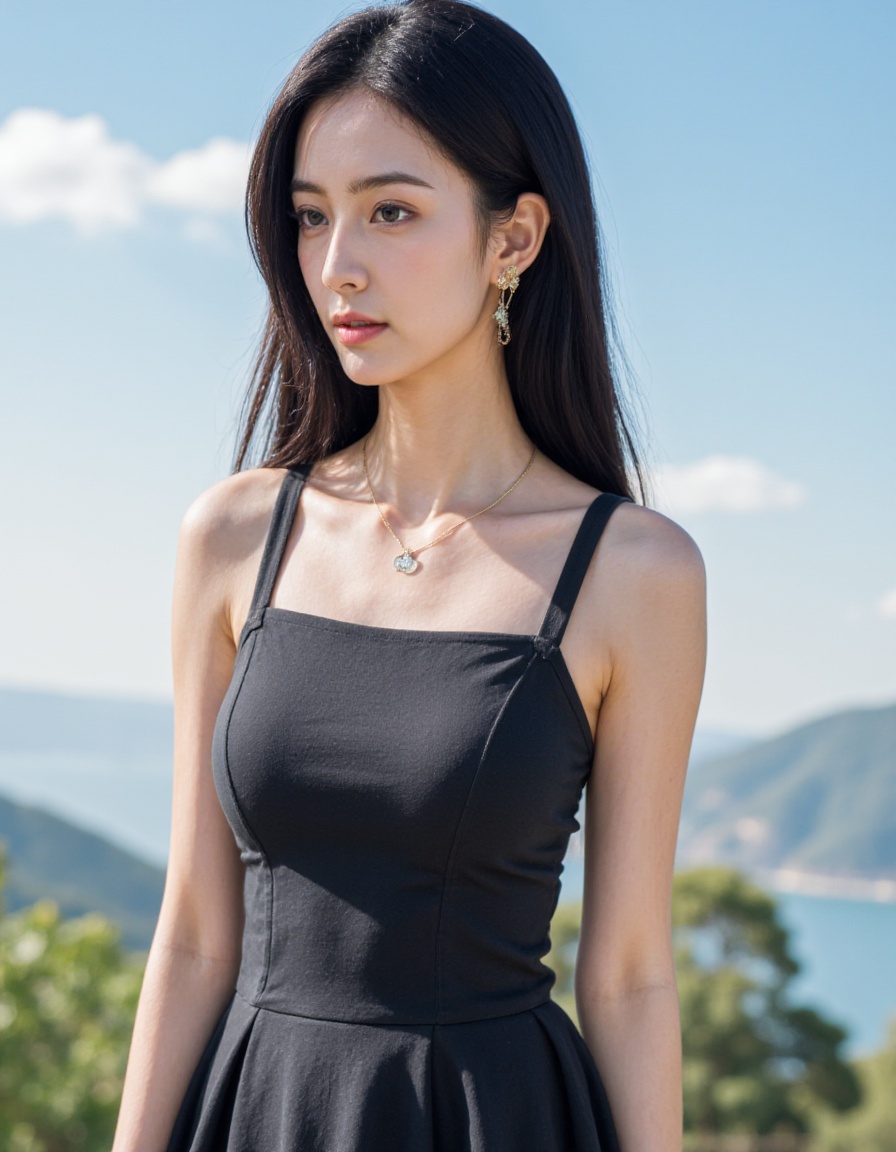 realistic, photorealistic, upper body, 1girl, solo, black hair, long hair, dress, jewelry, earrings,  looking at viewer, outdoors,