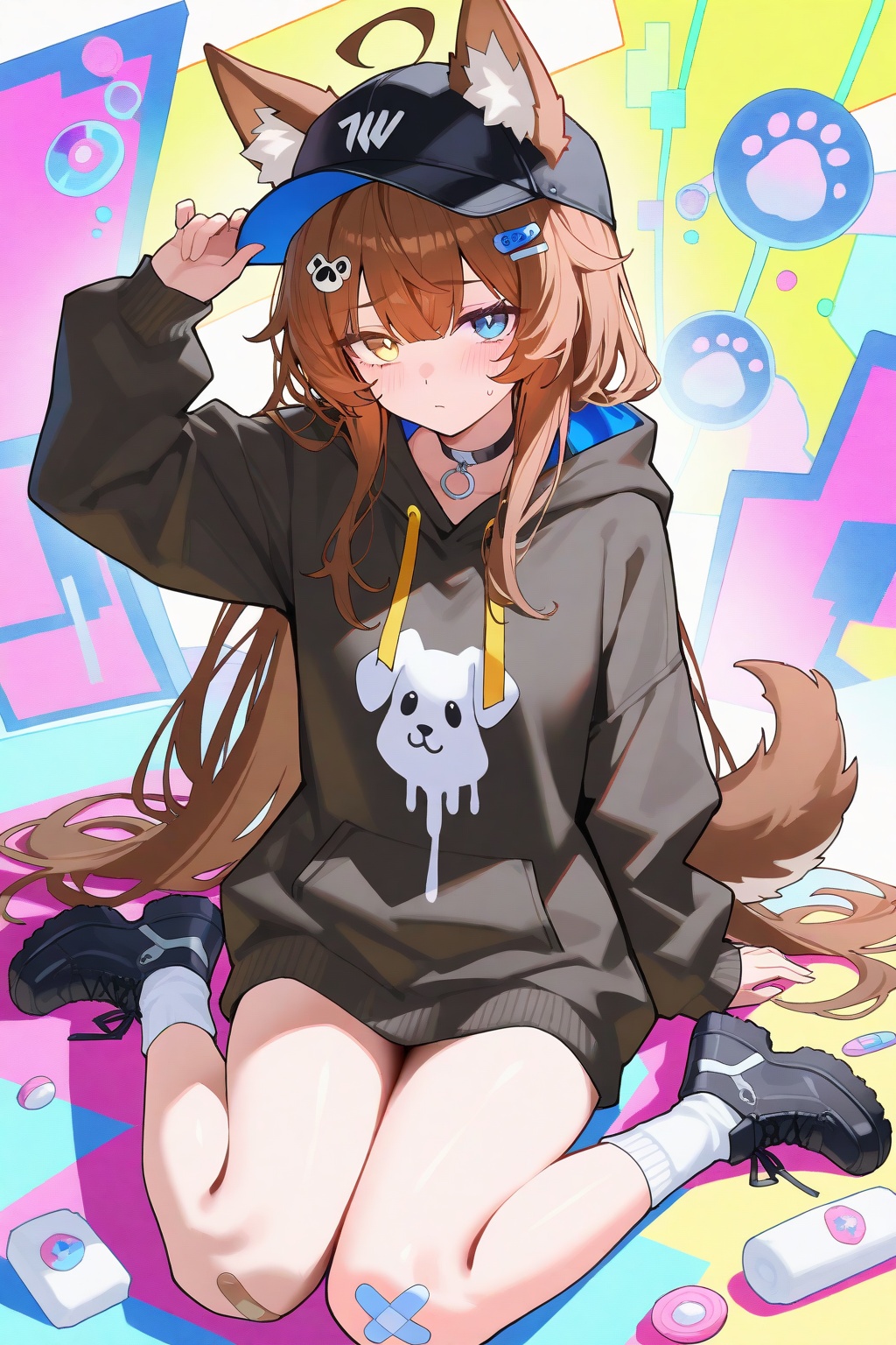 anon,crisp,ezu,Tender,gwwj,1girl, heterochromia, animal ears, blue eyes, hat, solo, long hair, tail, bandaid, brown hair, bandaid on leg, sitting, hood, black headwear, shoes, yellow eyes, blush, dog ears, hoodie, hair ornament, animal ear fluff, white socks, baseball cap, socks, wariza, no pants, ahoge, black footwear, thighs, jacket, bandaid on knee, choker, looking at viewer, full body, long sleeves, dog tail, hand on headwear, hairclip, dog girl, hood down
