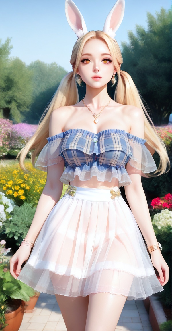 plaid shirt,  off-shoudler skirt,  rabbit ears on Tensor.Art