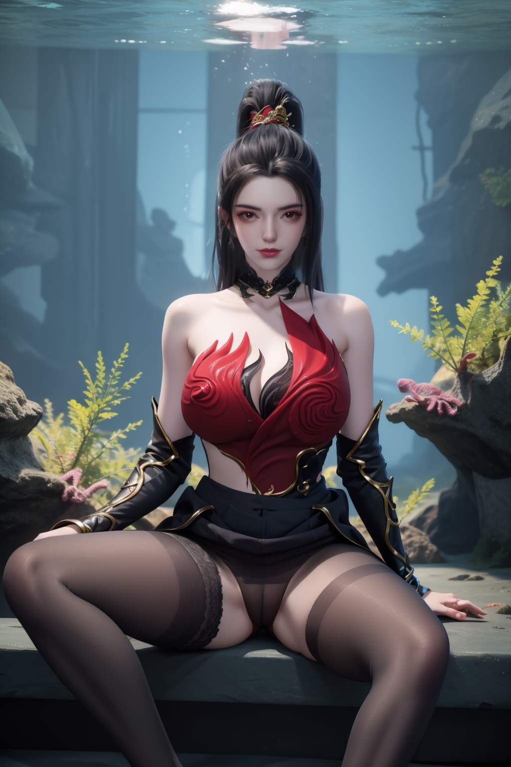 1girl,underwater,submerged,floating hair,air bubble,holding breath,see-through,masterpiece,best quality,highly detailed,fish,(wide hip:1.2),jellyfish,earrings,hair ornament,sea weed,coral reef,shark,sea turtle,sexy pose,chinese dress,chinese clothes,huge breasts,black pantyhose,(looking at viewer:1.2),sitting,(spread legs),perfect cameltoe,(torn pantyhose),blue hair