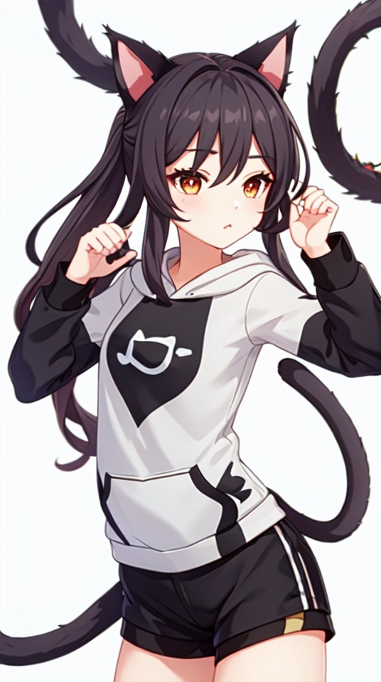 masterpiece,best quality,white background,1girl,solo,hu tao (genshin impact),twintails,<lora:hutao-000010:0.5>,(hoodie:1.5),(cat ears:1.5),(shorts:1.5),