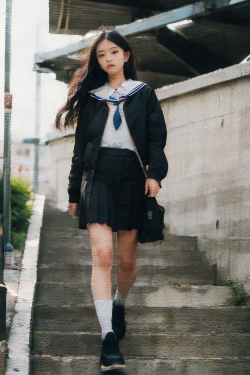 Ultra-realistic 8k CG,masterpiece,best quality,(photorealistic:1.4),HDR,absurdres,Professional,RAW photo,lens flare,(film grain:1.1),Bokeh,((Depth of field)),studio light,a young girl in a uniform while standing on steps with a railing in the background,1girl,black_hair,long_hair,pleated_skirt,sailor_collar,serafuku,school_uniform,shoulder_bag,skirt,solo,stairs,Highly detailed,Professional,extreme detail description,skateboard park,tricks,(freestyle:1.2),(youth culture:1.1),concrete ramps,graffiti,blurry,<lora:Color CRT TV:1.2>,