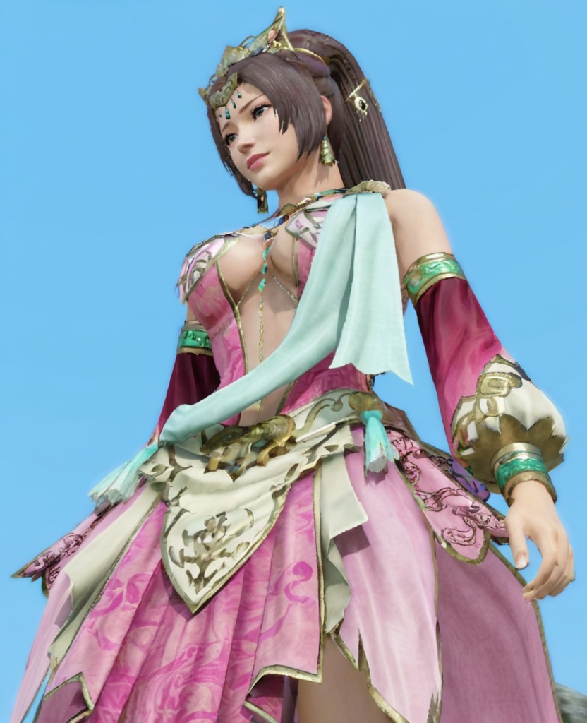 1girl, solo, jewelry, earrings, ponytail, detached sleeves, dress, long hair, necklace, lips, bare shoulders, cleavage, tiara, pink dress, standing, hair ornament, center opening, bracelet, belt, cowboy shot, circlet, <lora:diaochan_7:0.7>