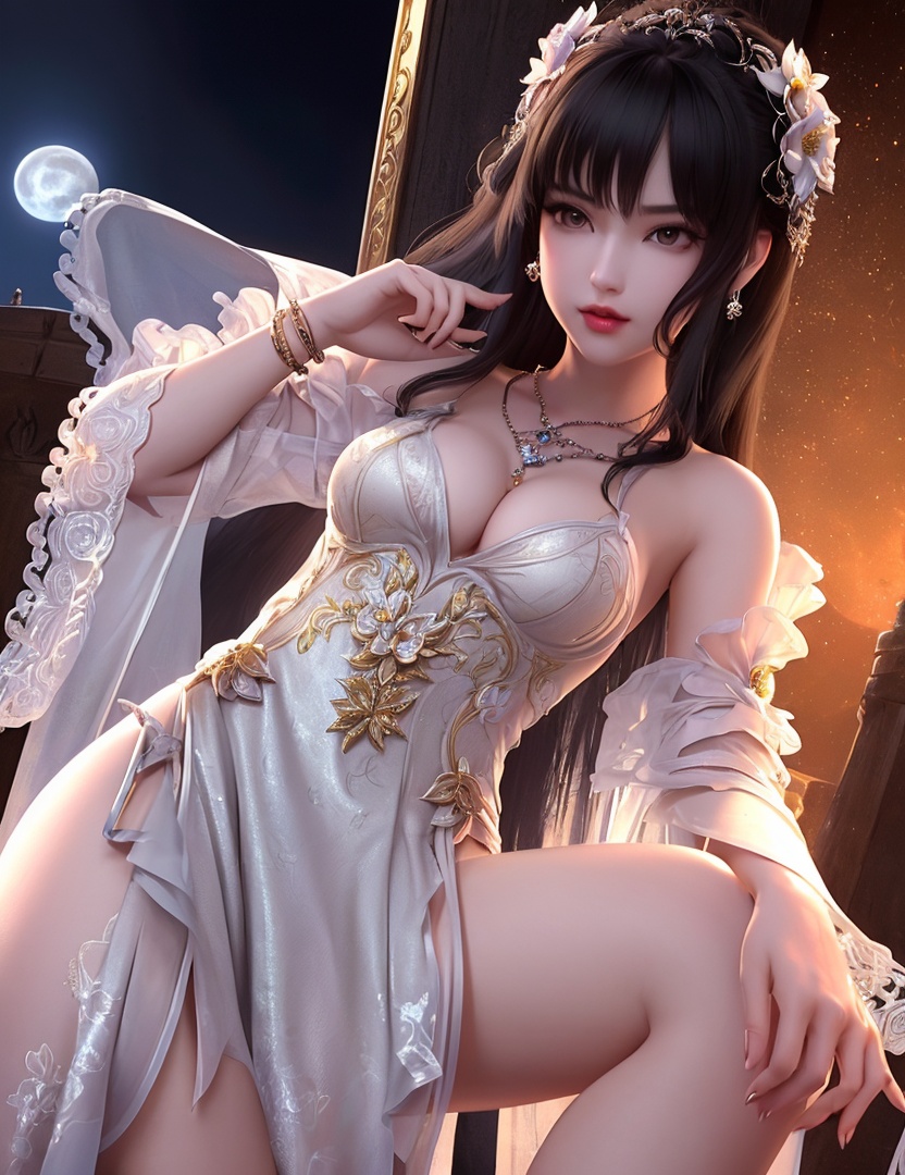 ultra realistic 8k cg, picture-perfect face, flawless, clean, masterpiece, professional artwork, famous artwork, cinematic lighting, cinematic bloom, perfect face, beautiful face, fantasy, dreamlike, unreal, science fiction,   lace, lace trim, lace-trimmed legwear,  (rich:1.4), prestige, luxury, jewelry, diamond, gold, pearl, gem, sapphire, ruby, emerald, intricate detail, delicate pattern, charming, alluring, seductive, erotic, enchanting, hair ornament, necklace, earrings, bracelet, armlet,halo((,1girl, pov,))(((1girl, jewelry, solo,, breasts, , looking_at_viewer,  outdoors,  flower, full moon,  teenage,  )))    <lora:DA_YueChanTeen:0.7>