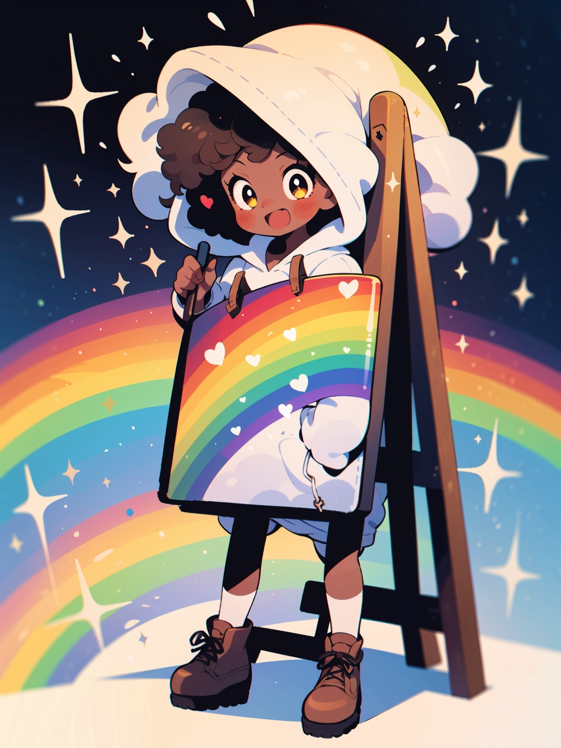 HTTP, solo, rainbow, 1girl, hood, hoodie, heart, dark skin, open mouth, easel, shoes, afro, holding, smile, sparkle, paintbrush, brown hair, black footwear, blush<lora:HTTP_20231126194709-000006:1>