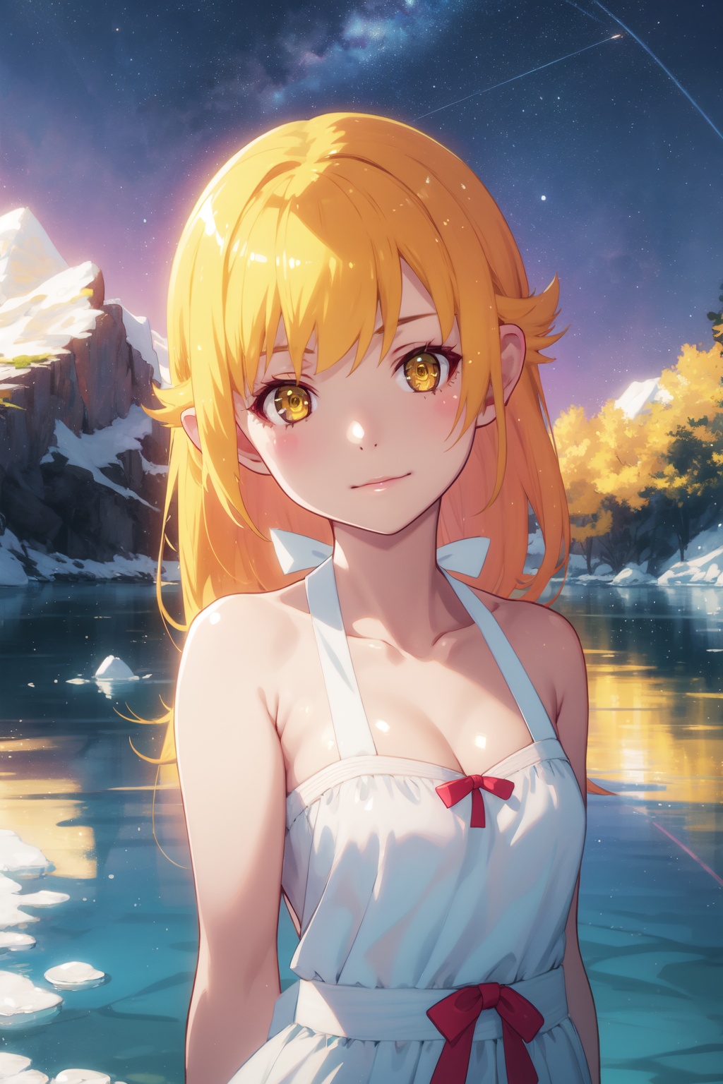 <lora:Acerola-000007:0.8>,Acerola cyql,1girl,looking at viewer,solo,blonde hair,long hair,yellow eyes,blush stickers,dress,bare shoulders,pointy ears,collarbone,bracelet,white dress,jewelry,Teasing, A playful smirk, a raised eyebrow, and a hint of dominance.,upper_body,beautiful face,beautiful eyes,glossy skin,shiny skin,Lake, Glacier, Turquoise, Water, Reflection, Mountains, Serenity, Cold,(Maple trees, Acorns, Mushrooms, Fallen leaves, Golden sunlight, Rustling breeze:0.6),beautiful detailed sky,beautiful detailed glow,posing in front of a colorful and dynamic background,masterpiece,best quality,beautiful and aesthetic,contrapposto,female focus,wallpaper,fashion,