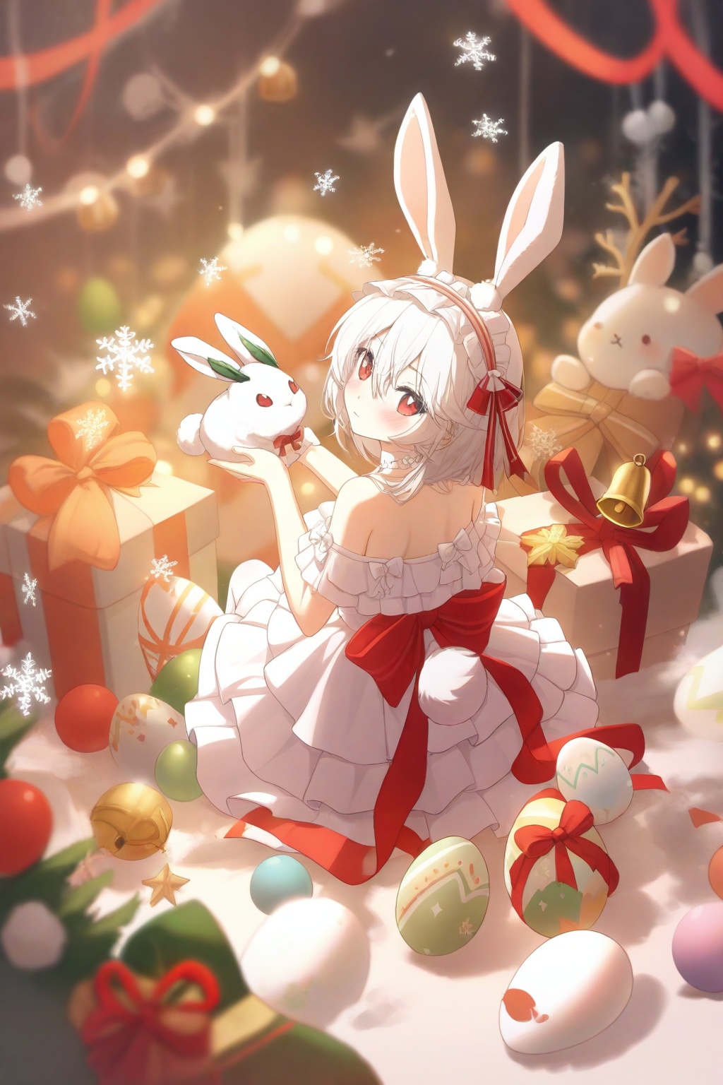 absurdres,loli, 1girl, snow rabbit, red eyes, animal ears, solo, snowflakes, dress, rabbit ears, sitting, white hair, white dress, rabbit, pantyhose, looking at viewer, christmas ornaments, bow, red bow, short hair, holding, white choker, white pantyhose, gift, rabbit tail, looking back, tail, pom pom (clothes), white footwear, box, closed mouth, christmas, ribbon, hairband, red ribbon, hair bow, blush, white hairband, backless dress, animal, rabbit girl, from above, pleated dress, hair ornament, headdress, hair between eyes, backless outfit, from behind, christmas lights, full body, bell, food, easter egg, choker, ballet slippers, frilled hairband, holding animal, shoes, frilled dress, layered dress, gift box, back bow, blurry, easter, frills, snow, fake animal ears, snowflake background, depth of field, bare shoulders, off-shoulder dress, sleeveless dress, pom pom hair ornament, looking up, snowflake print, hair ribbon <lora:light_cyan:1>