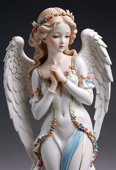 epiCPhoto,  Capture the nostalgic essence of a pristine porcelain figurine embodying the simplicity and dreams of a querub...