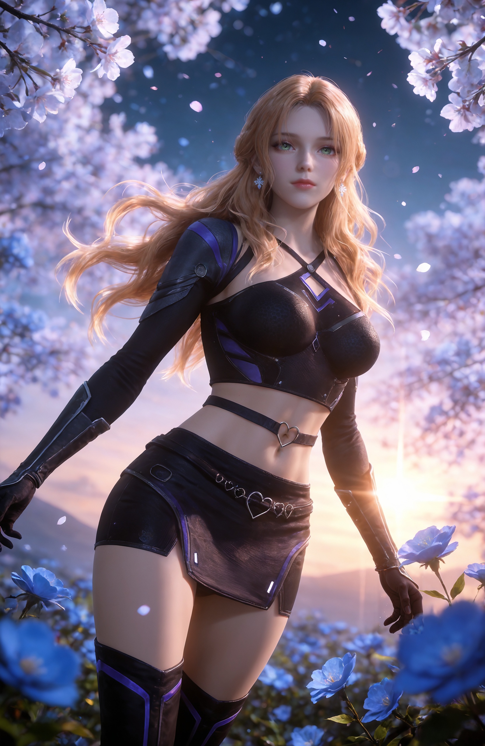 <lora:吞噬星空-珍妮特IL:0.7> 1girl, long hair, blonde hair, earrings, green eyes, crop top, midriff, black gloves, armor, miniskirt, navel, black skirt, black footwear, knee boots, realistic style photo,outstanding style,Use soft lighting to cast gentle shadows on the subject,adding a touch of dimension to your images without compromising details,whirls of vapor,(Anime:1.1),soft neon light,ethereal ambiance,delicate details,magical atmosphere,concept art,highly detailed,ultra-high resolution,32K UHD,sharp focus,best-quality,masterpiece,golden hour,unconventional supreme masterpiece,masterful details,temperate atmosphere,with a high-end texture,in the style of fashion photography,magazine style,Dynamic Angle,Dynamic posture,magazine style,Dynamic Angle,Dynamic posture,(cowboy_shot:1.2),eye trail,depth of field,cinematic lighting,lens flare,close-up,extreme aesthetic,(wlop:0.6),(honjou raita,lack,rella,wanke:0.5),masterpiece,best quality,good quality,newest,year 2025,very aesthetic,absurdres,Visual impact,A shot with tension,ultra-high resolution,32K UHD,sharp focus,best-quality,masterpiece,Emotionalization,unconventional supreme masterpiece,masterful details,temperate atmosphere,with a high-end texture,in the style of fashion photography,(Visual impact:1.2),giving the poster a dynamic and visually striking appearance,, solo,  upper body, blue flower, looking at viewer, snowflakes, closed mouth, branch,