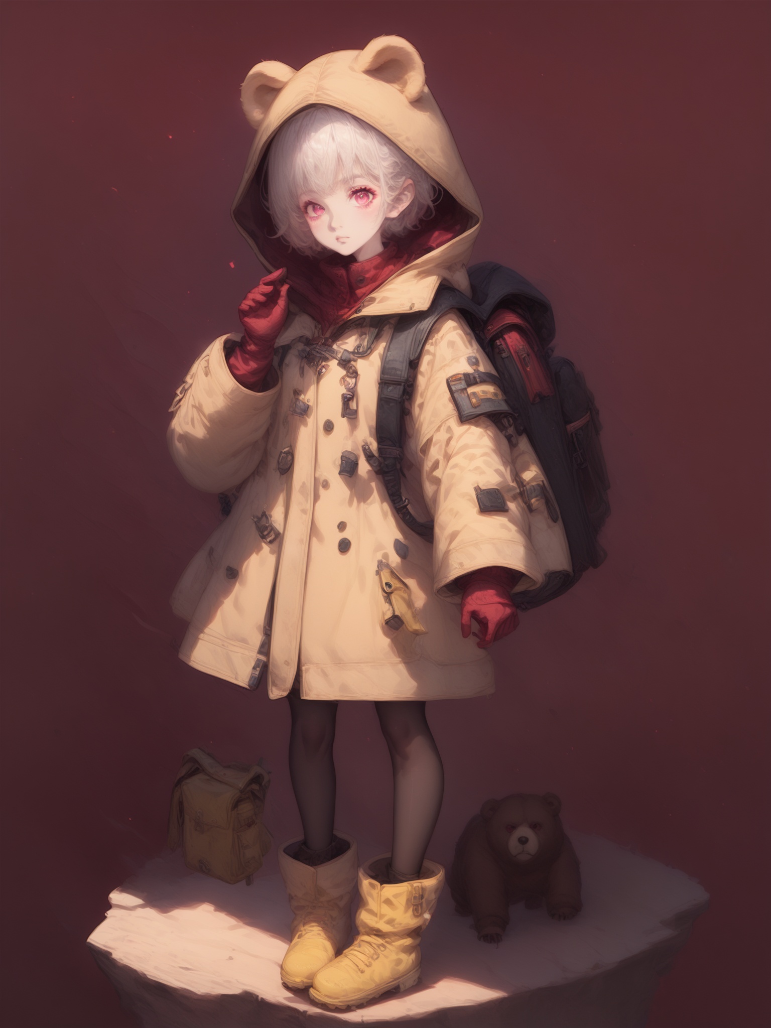 score_9, score_8_up, score_7_up, score_6_up,1girl, solo, boots, full body, white hair, bag, looking at viewer, red eyes, long sleeves, hood, standing, bangs, holding, rubber boots, coat, bear ears, short hair, hand up, animal hood, animal ears, pink eyes, backpack, fur trim, pantyhose, gloves, yellow footwear, hood up,<lora:Asekkk pony re a:1>