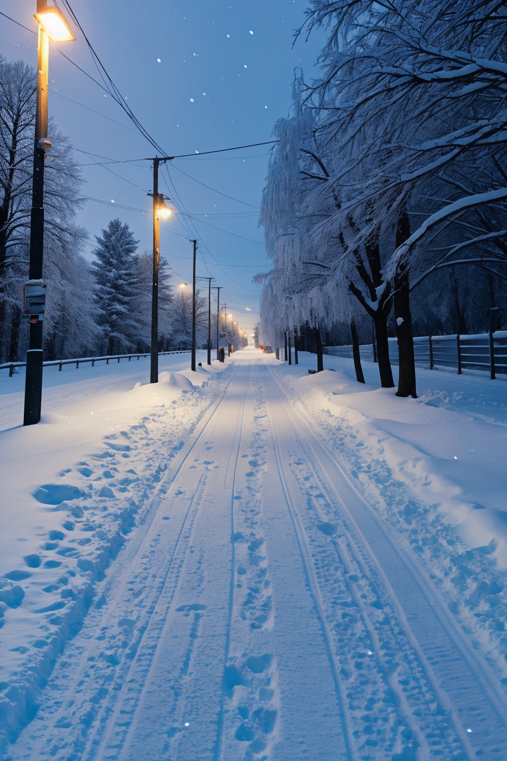 Landscape photography,a serene winter evening in an urban setting. Snow blankets the ground,with trees laden with snow on either side. Illuminated street lamps cast a warm glow,creating a contrast with the cool,blue hue of the night. The pathway is untouched by footprints,save for a solitary figure walking in the distance. The scene evokes feelings of tranquility,nostalgia,and the magic of winter,, masterpiece,best quality,