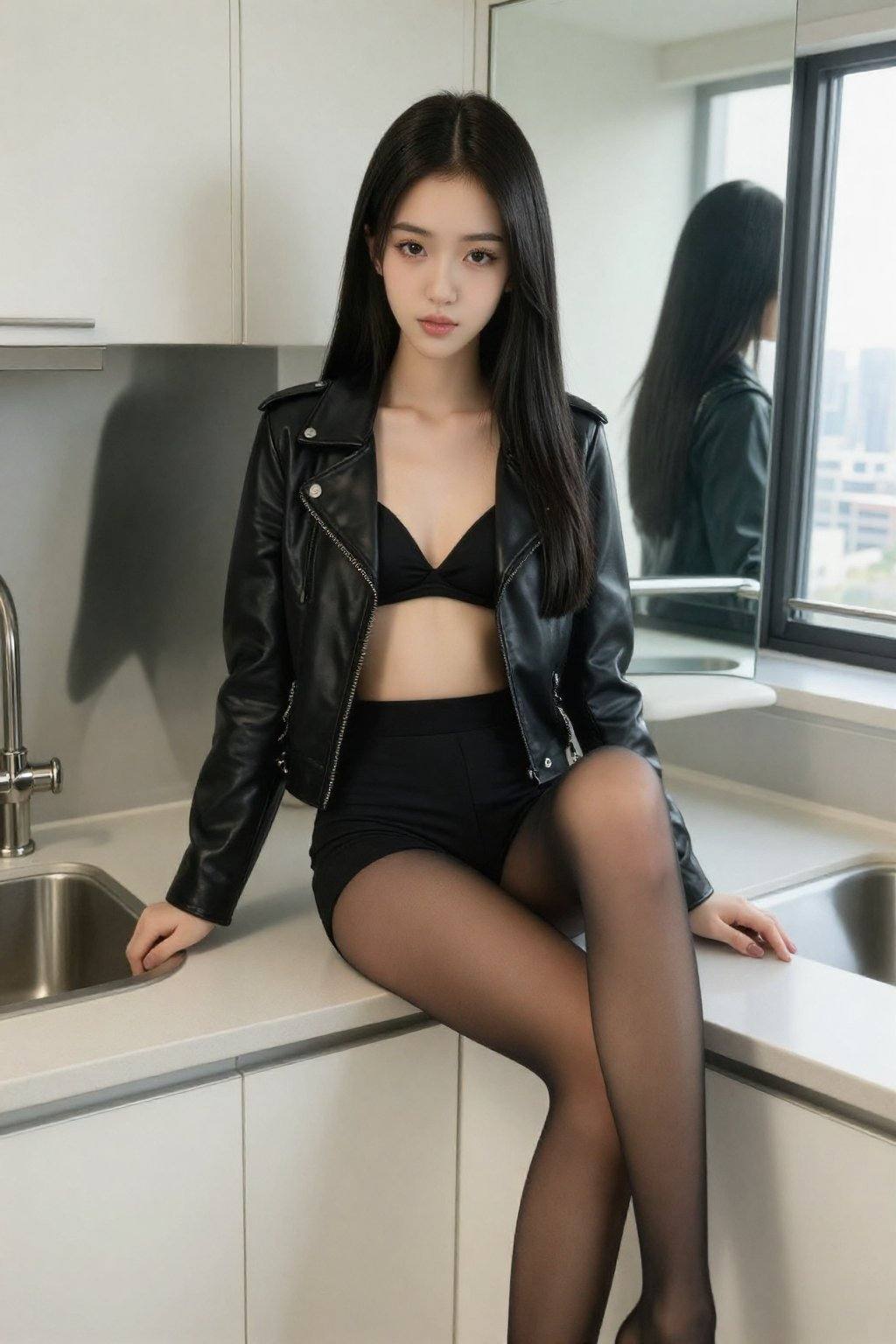 这张照片捕捉到一位年轻的亚裔女性,  她拥有一头乌黑亮丽的长直发和白皙的肌肤,  自信地坐在现代厨房的台面上。她身材纤细 by 天TIN on Tensor.Art