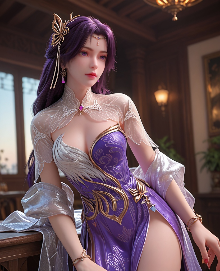 (oriental architecture, elegant decor, sophisticated style:1.1),Leaning forward with hands on thighs, looking determined,,(breasts:1.2),<lora:XL完美世界云曦成女:0.8>,miss yunxi,solo,purple dress of side slit,see-through bolero,white feather trim,hagoromo,see-through petticoat,purple eyes,purple hair,long hair,braided ponytail,hair ornament,bracelet,earrings,jewelry,, zPDXL2, score_9, score_8_up, score_7_up BREAK realistic, masterpiece,best quality, highly detailed,, zPDXL3, zPDXL2,zPDXL, zPDXLxxx, zPDXLrl,