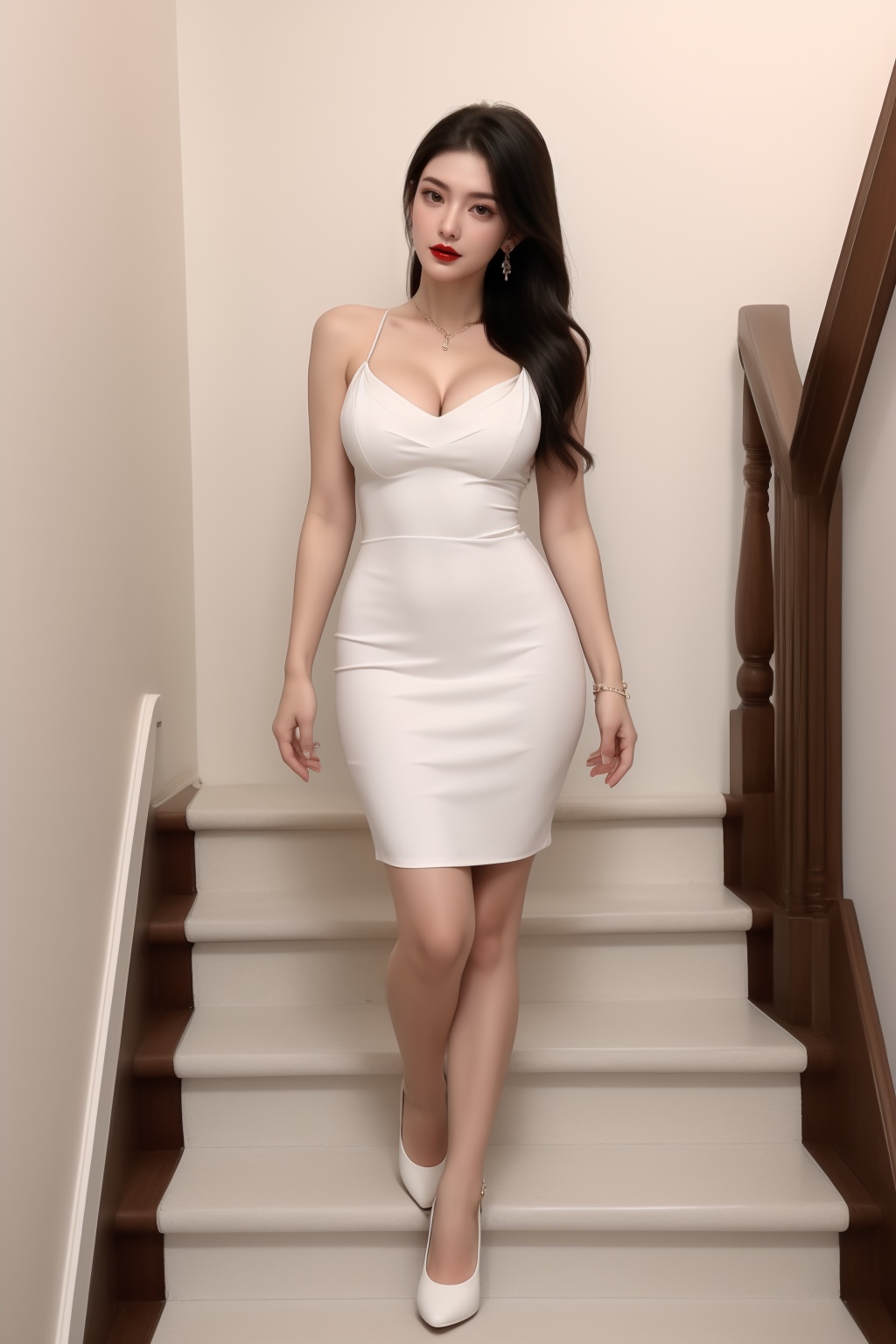1girl, bare shoulders, black hair, breasts, cleavage, dress, earrings,  high heels, indoors, jewelry, lipstick, long hair, looking at viewer, makeup, medium breasts, red lips, solo, stairs, standing, white footwear <lora:清漪:0.66>