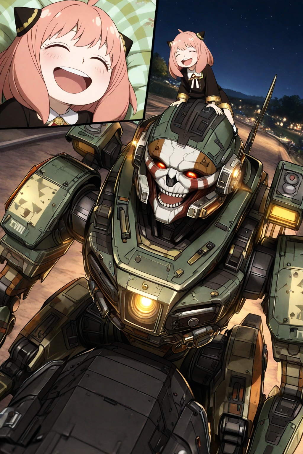 embedding:IllusP0s, close-up, titan_\(titanfall\), mecha, 1girl, outdoors, night, laying on head, happy, riding, high angle, laughing, anya forger_\(spy x family\),