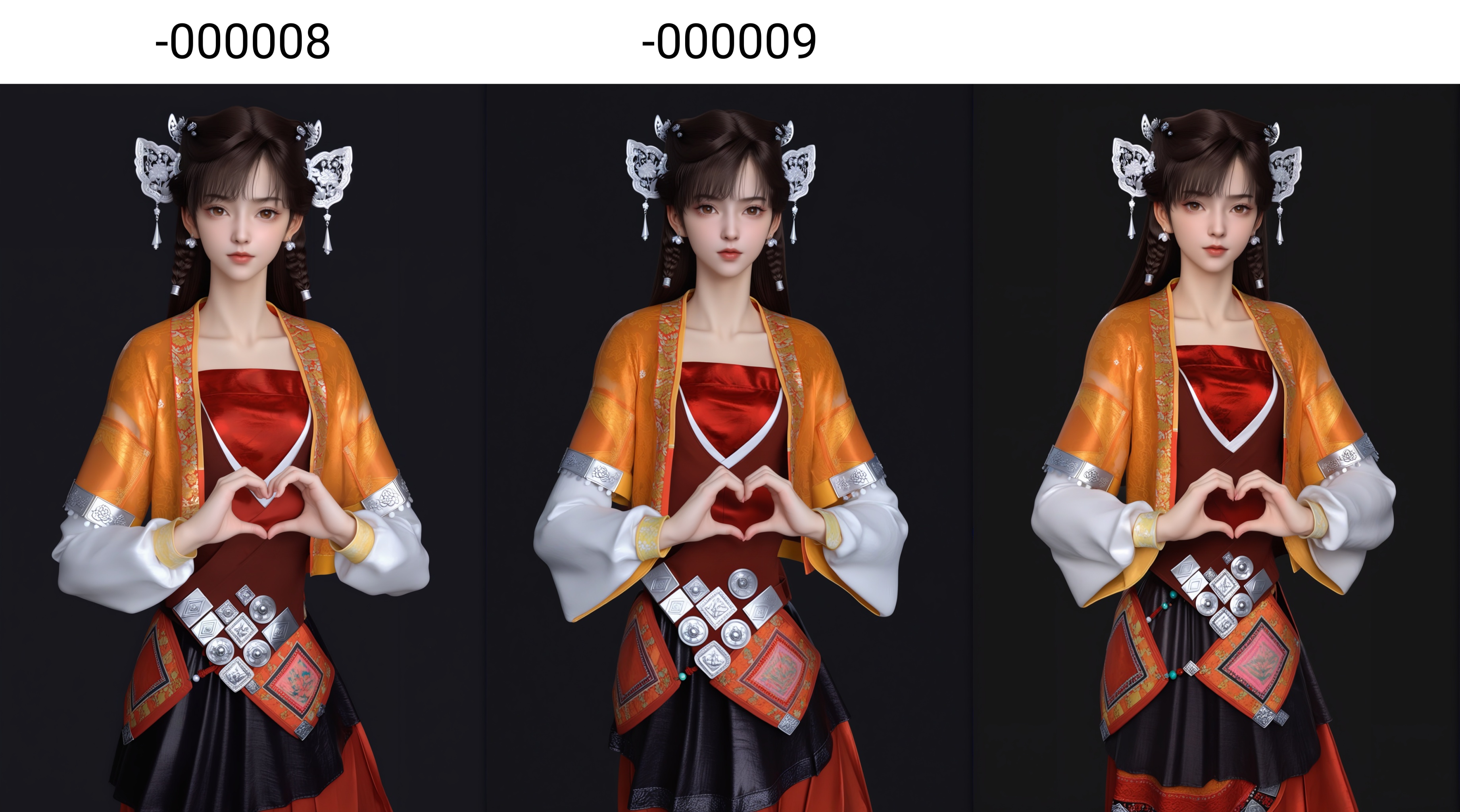 (score_9),xuejian,<lora:雪见-pony-000008:0.85>,1girl,solo,dangling tassels,filigree design,butterfly-shaped hairpiece,silver hairpins,hair ornament,dark brown hair,pearl beads,pearl earrings,twin braids,long hair,light blush,brown eyes,layered_dress,short jacket,red tube top,puffed sleeves,white inner sleeves,waist belt,embroidered cuffs,red skirt,traditional chinese footwear,standing,(pleated skirt),black skirt,red long_skirt,black short_skirt,collarbone,looking at viewer,front view,heart,heart hands,BREAK<lora:e肤色滑块:0.6>,(white_skin:1.1),(fair_skin:1.1),realistic,<lora:皮肤凹痕:1.2>,simple background,black background,