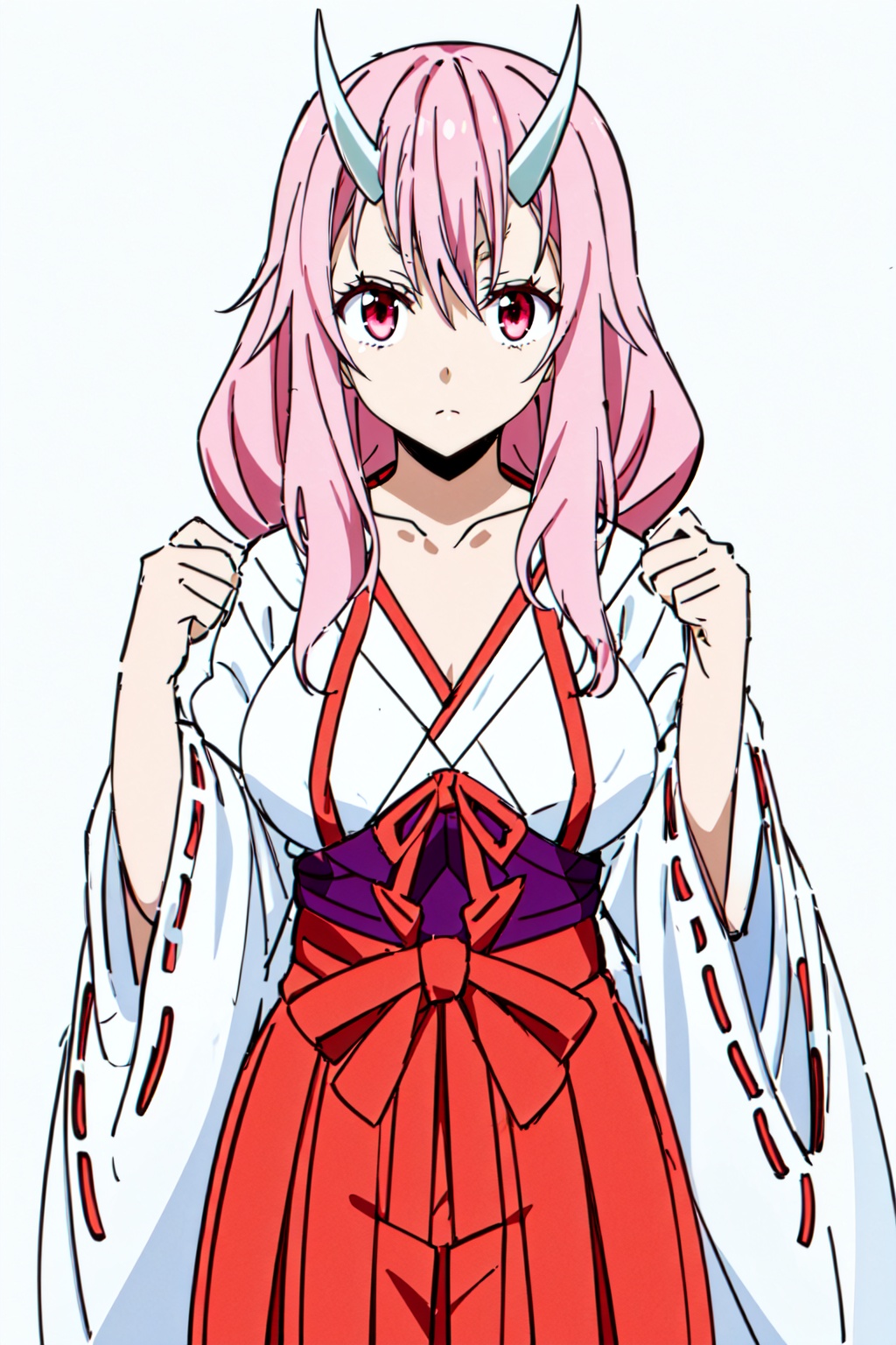 1girl,looking at viewer,solo,oni,horns,pink hair,long hair,hair between eyes,red eyes,pink eyes,miko,japanese clothes,red hakama,ribbon trim,ribbon-trimmed sleeves,hakama,white kimono,skirt,kimono,collarbone,wide sleeves,long sleeves,hakama skirt,red ribbon,breasts,ribbon,<lora:Shuna:0.8>,Shuna_CYQL,full_shot,beautiful face,beautiful eyes,glossy skin,shiny skin,white background,simple background,posing in front,masterpiece,best quality,beautiful and aesthetic,contrapposto,female focus,wallpaper,fashion,