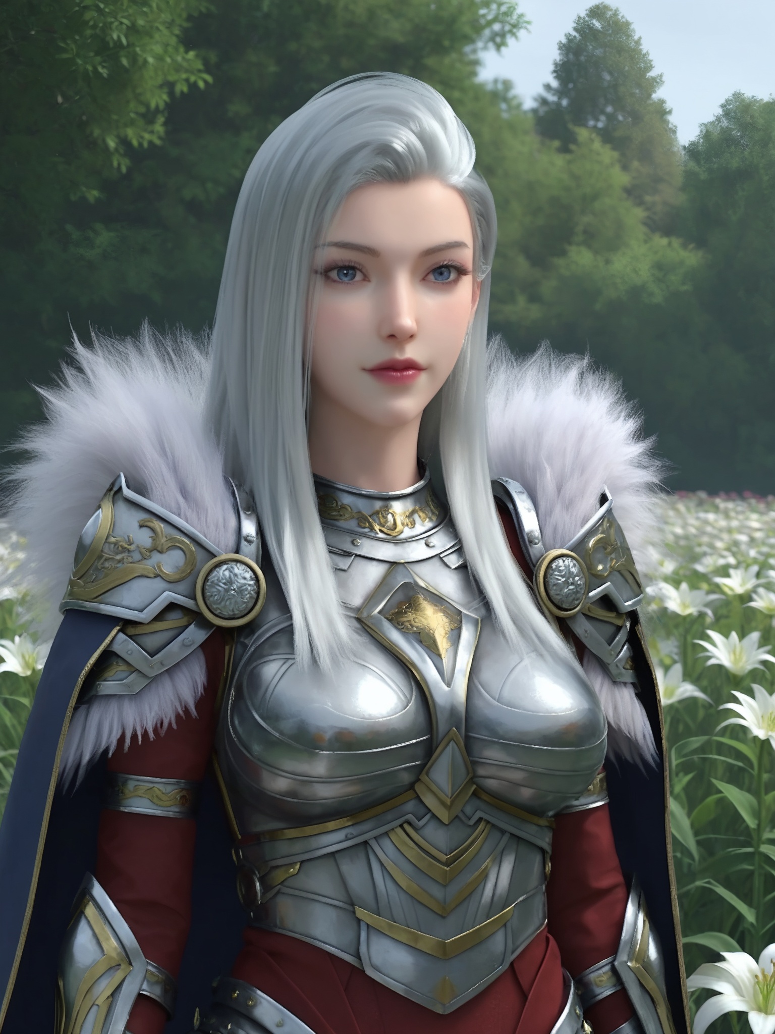 score_9_up,1girl,solo,best quality,aesthetic,detailed,white flower,lily \(flower\),daisy,leaf,bug,upper body, <lora:雄兵连-鹤熙Pony:0.6>,long,straight,silver hair,wears a complex,ornate suit of armor that features a mix of metallic and fabric elements.,a short,red skirt.A long,flowing cape,dark blue with gold trim,drapes over her shoulders,thigh-high boots,