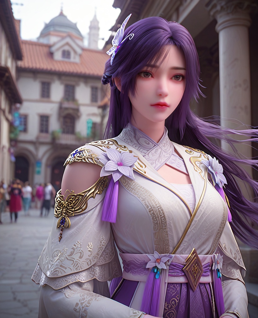 (oriental architecture, elegant decor, sophisticated style:1.1),Standing with hands in pockets, looking casual,,(breasts:1.2),<lora:XL完美世界云曦易容>,miss moxi,solo,white dress,sash,purple fart curtain,shawl,clothing cutout,long sleeves,shoulder cutout,brown eyes,purple hair,long hair,butterfly hair ornament,flower ornament,tassel,lips,jewelry,, zPDXL2, score_9, score_8_up, score_7_up BREAK realistic, masterpiece,best quality, highly detailed,, zPDXL3, zPDXL2,zPDXL, zPDXLxxx, zPDXLrl,