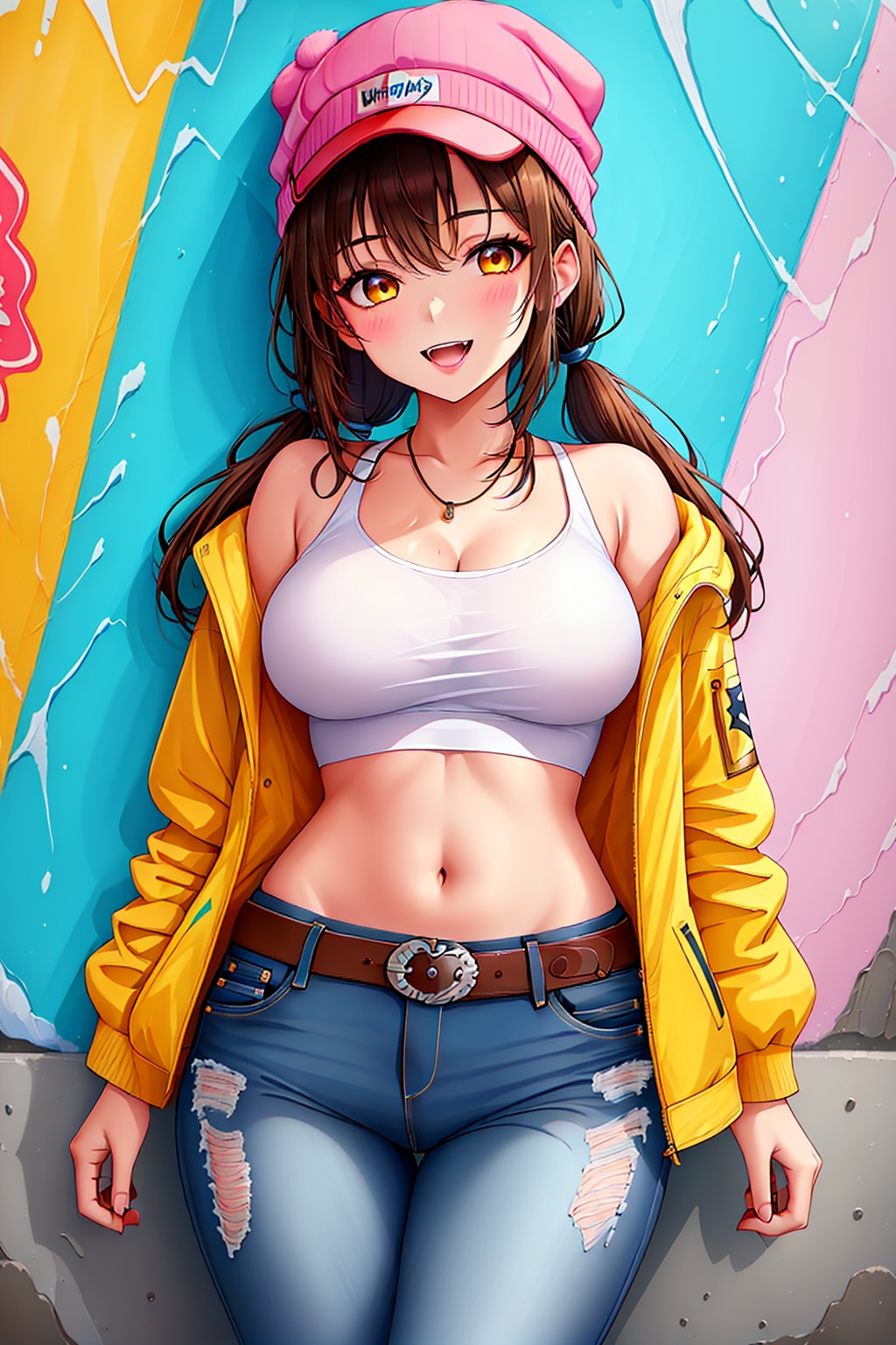 1girl,:d,bangs,bare shoulders,baseball cap,belt,blue pants,breasts,brown eyes,brown hair,cleavage,collarbone,crop top,denim,graffiti,hand on headwear,hat,jacket,jeans,jewelry,large breasts,long hair,long sleeves,looking at viewer,midriff,navel,necklace,off shoulder,open clothes,open jacket,open mouth,pants,shirt,smile,solo,torn clothes,torn jeans,torn legwear,torn pants,torn shorts,twintails,white shirt,yellow jacket,Best quality,high resolution,sharp images,best quality,high resolution,clear  images,original figures,natural volume lighting and best shadows,deep field depth,sharp focus,shockingly beautiful portraits of petite girls,soft delicate beautiful charming face with alluring yellow eyes,cute little breasts,sharp eyeliner,soft and delicate Seductive smile,open mouth with cute fangs,cape messy brown hair,thick layered medium twine hairstyle,blush eyeshadow with thick lashes,parted lips,Apple Jack hat,oversized Pop Art jacket,slim waist with open cute navel,denim jeans pants with  buckle,(messy painted body :1.05),(hand-held spray paint can :1.1),(Graffiti mural wall background :1.15),(Standing in a narrow city street crossword :1.2), <lora:蔚蓝Blue瑟瑟:0.8>