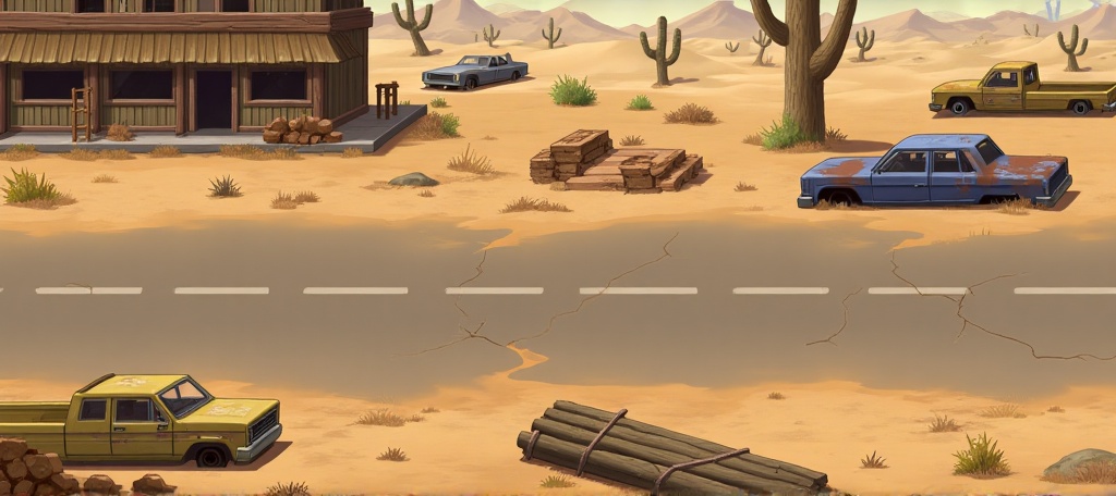 HBscene,HBscene,This image depicts a desolate desert scene, characterized by an arid landscape and remnants of a once-thriving area. In the foreground, a cracked road runs through the center, flanked by abandoned vehicles, including a rusty blue car and a yellow pickup truck.On the left, there is a dilapidated wooden building, suggesting it may have once served as a service station or shop, with stacks of logs nearby. The background features sparse vegetation, including cacti and dry bushes, adding to the barren atmosphere. An overturned vehicle lies on its side, further emphasizing the sense of neglect.The overall color palette is warm, with sandy browns and muted greens, conveying a sense of desolation and ***********, typical of a post-apocalyptic or deserted environment. The scene evokes feelings of loneliness and the passage of time in a harsh landscape.