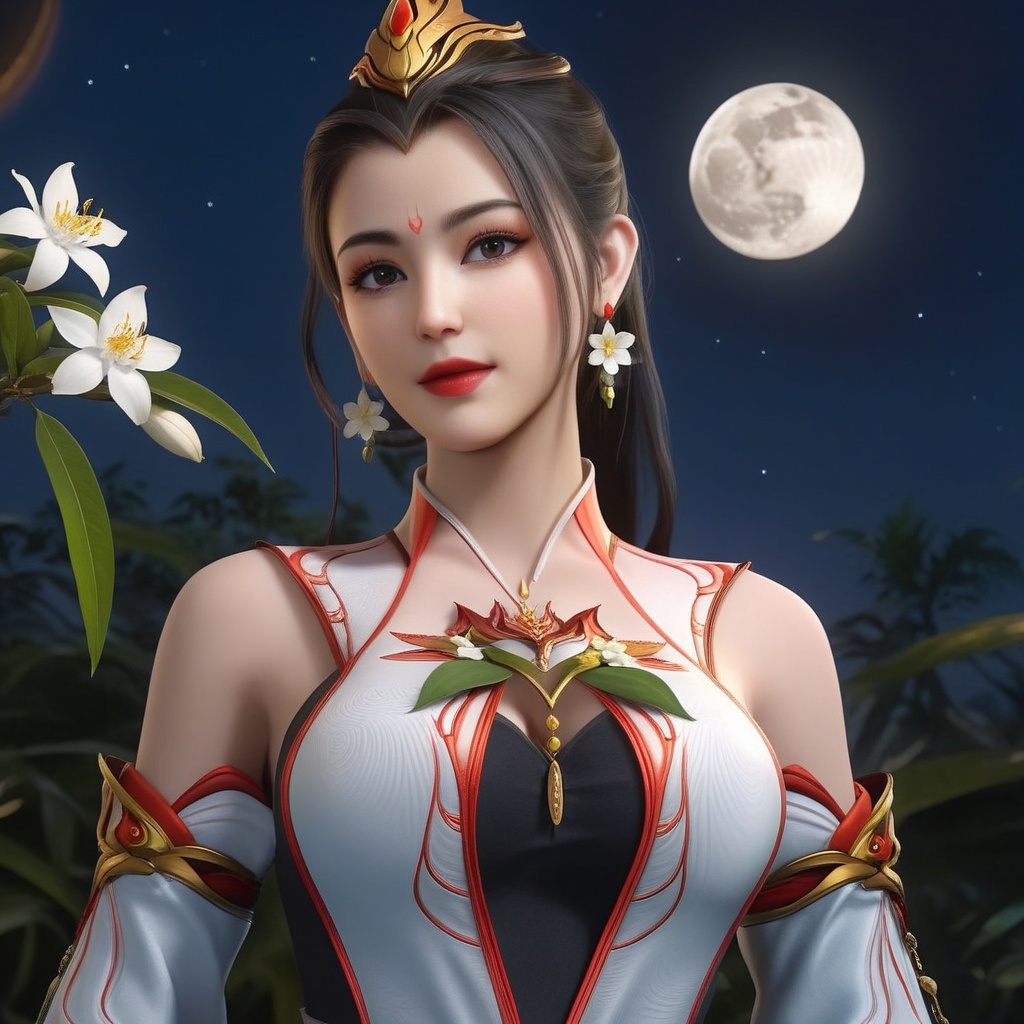 <lora:710-DA-XL-师兄啊师兄-酒玖:0.8>(,1girl, ,best quality, ),looking at viewer,  ,,ultra detailed background,ultra detailed background,ultra realistic 8k cg, ,masterpiece, (( , )),, realistic,science fiction,mole, ultra realistic 8k cg, ,     ,crescent moon, jasmine \(flower\),     (cleavage), (), 