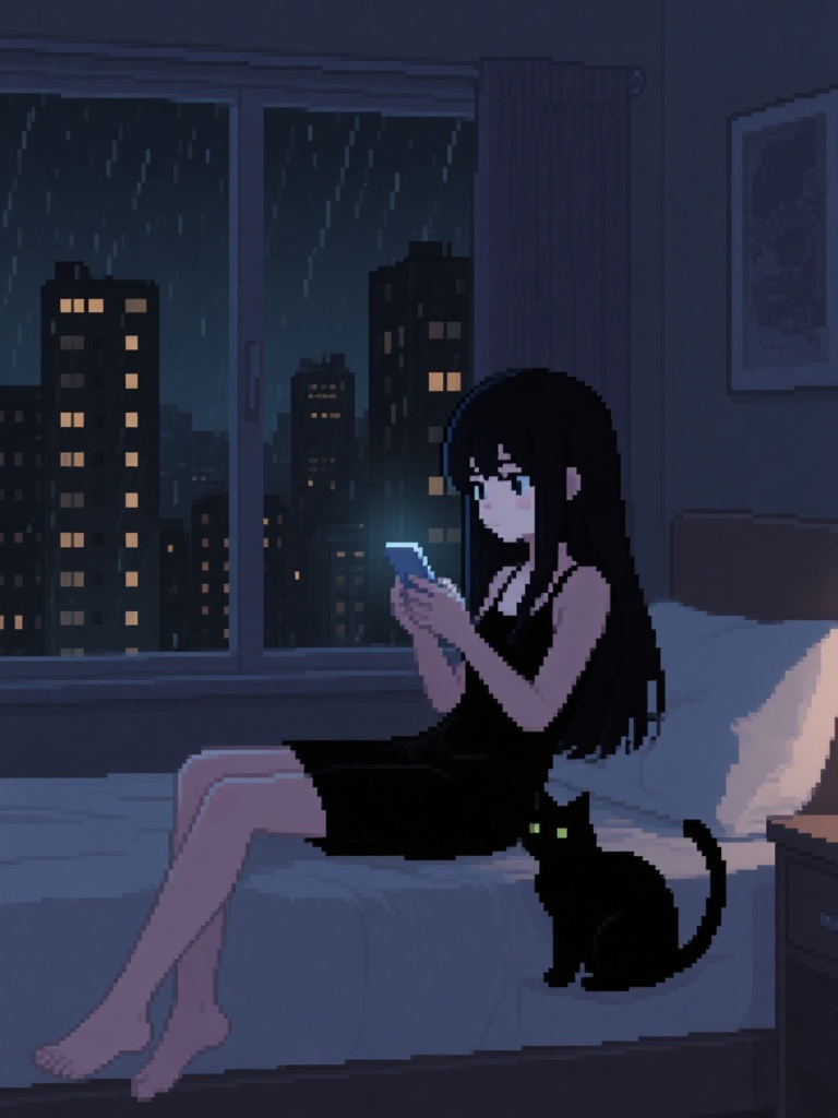 kath,kath,woman,night,cityscape,apartment,bed,smartphone,black dress,long hair,window,rain,buildings,urban,cat,black cat,glowing screen