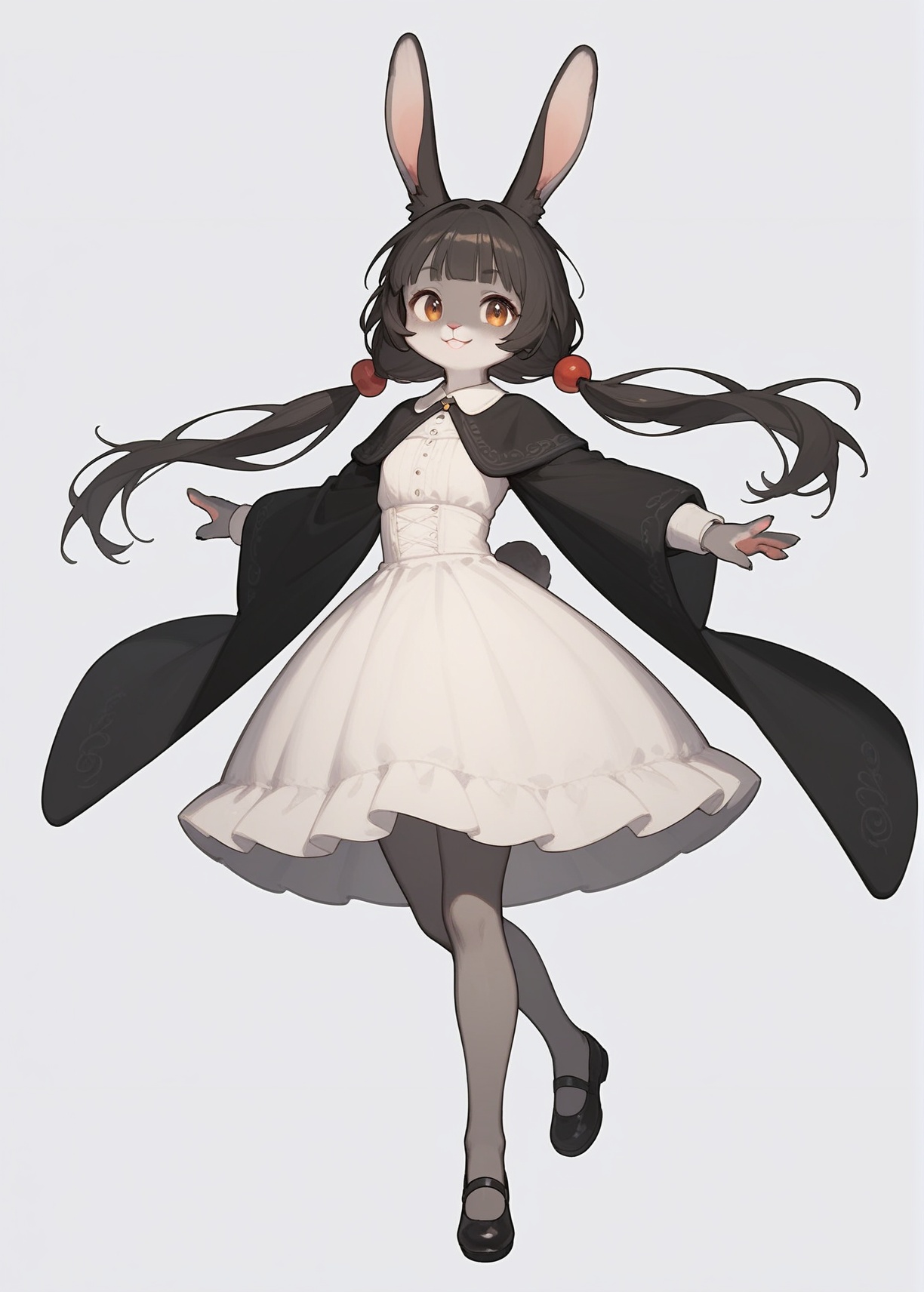 (score_9, score_8_up, score_7_up),(furry female), (rabbit girl), blunt bangs, low twintails, puffy twintails, (long dress), white skirt, black shawl, grey pantyhose, black shoes,dynamic pose, cowboy shot, light smile,(simple background:1.5),(uncensored),