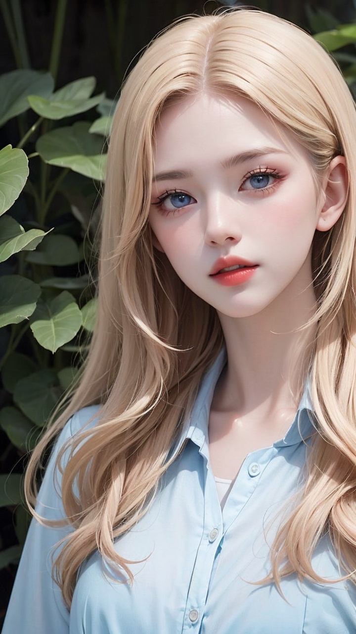 1girl, solo, long hair, blonde hair, leaf, realistic, parted lips, blue eyes, lips, upper body