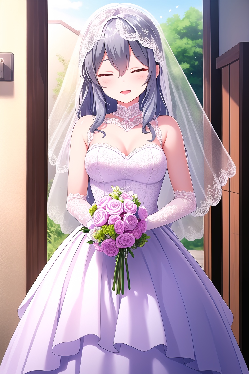 (masterpiece, best quality), highly detailed background, perfect lightingbest quality, shigetoakiho, solo, outdoors, bridal veil, grey hair, hair between eyes, wavy hair, very long hair, closed eyes, medium breasts, wedding dress, white dress, white gloves, frilled skirt, smile, open mouth, ^o^, pink lips, <lora:Shigeto-Akiho:0.7>