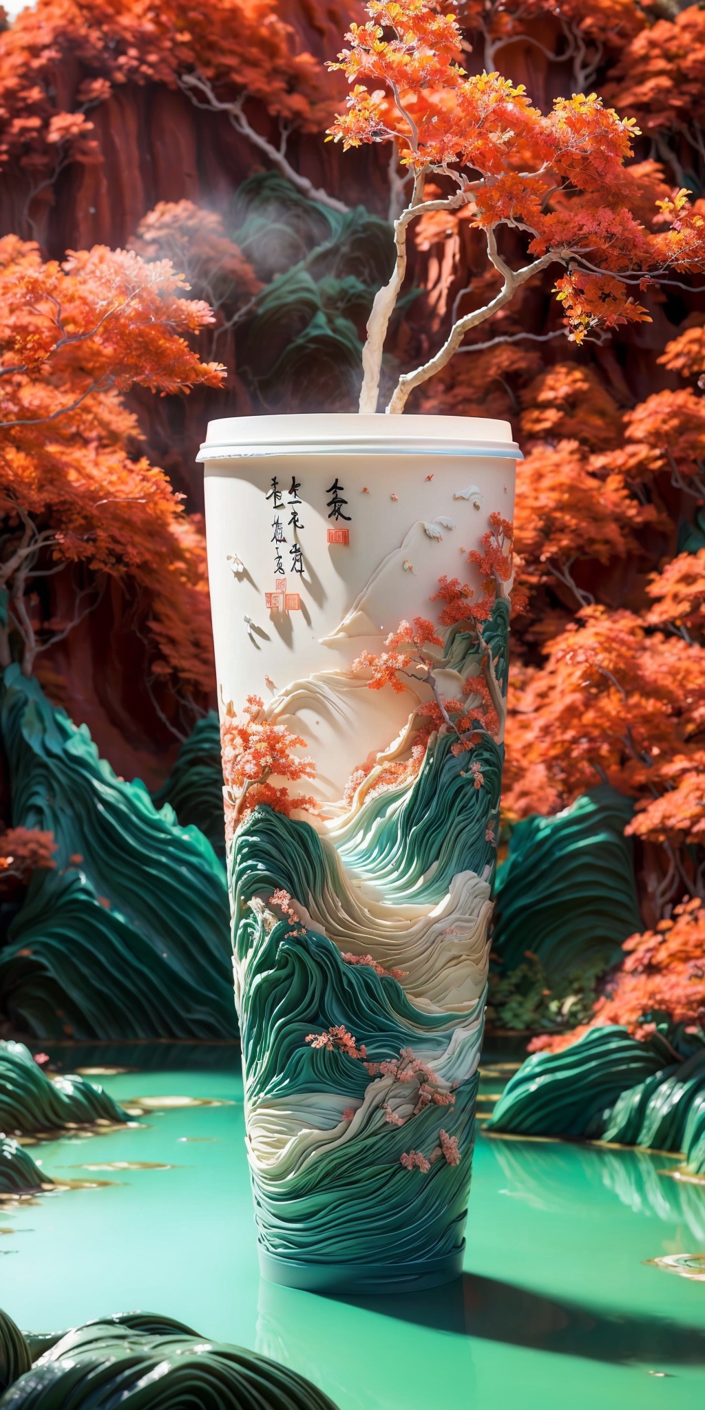 (Masterpiece, high quality, best quality, official art, beauty and aesthetics: 1.2), milk tea cup, surrounded by red rocks, splashing spray, (Chinese landscape paper carving, Chinese Song Dynasty landscape painting: 1.2), (surrealist dream style), cream organic fluid, light tracing, environmental shielding, hazy, natural light, limestone, gel resin sheet, oc rendering, (peach blossom forest background: 1),