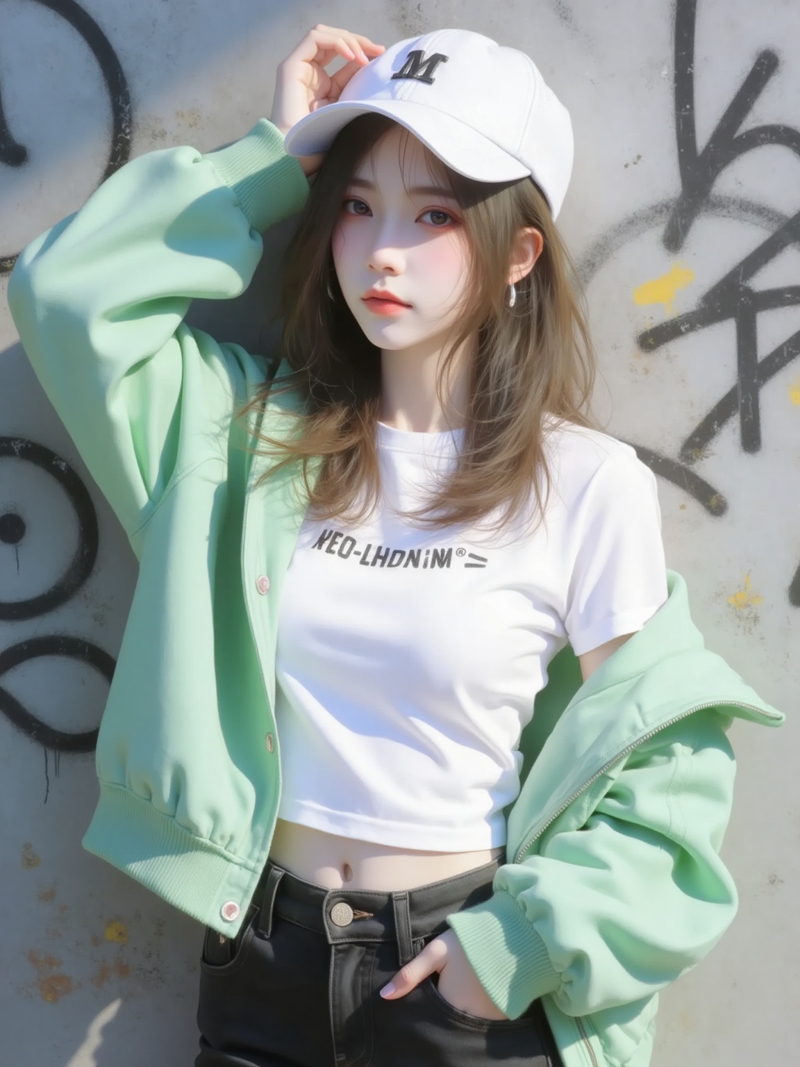 This photo is a highly detailed digital artwork depicting an eye-catching young woman. The young lady, with East Asian features, has straight brown hair that falls to her shoulders and wears a white cap with a black logo at the front. She is dressed in a casual yet fashionable outfit, including a light green jacket with a slightly oversized fit, a white T-shirt with black text, and black jeans. Her left hand is on her head, and her right hand is on her hip. The background features a graffiti-covered wall.