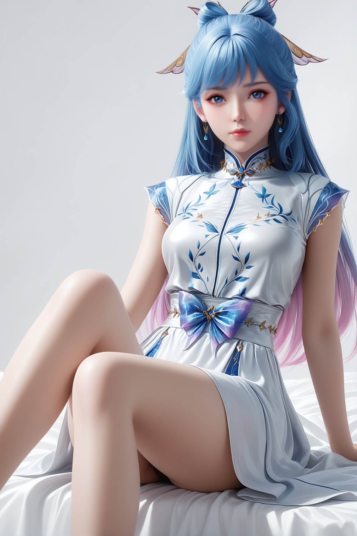 masterpiece,best quality,realistic,cinematic,detail eyes,(ultra-detailed),perfect composition,intricate details,absurdres,detailed face,high quality,high res,8K,<lora:X_tangwutong_ds_IL3.0:0.8>,blue hair,blue eyes,multicolored hair,1girl,long hair,breast,medium breast,hair_ornament,dress,white_dress,bare_legs,sitting,simple background,white_background,bed,looking_at_viewer,