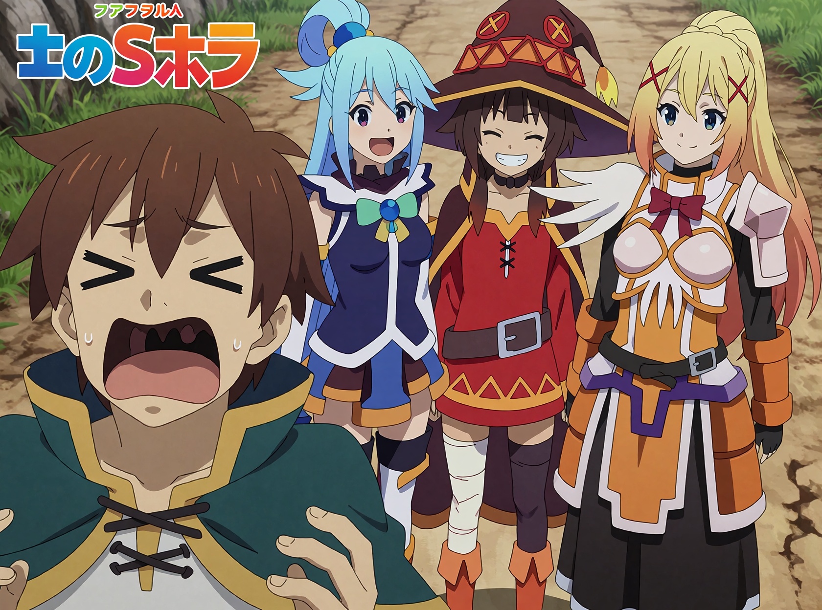 Kazuma Satou,  an ***** man from KonoSuba,  screams in fear at the top of his lungs in the foreground on Tensor.Art
