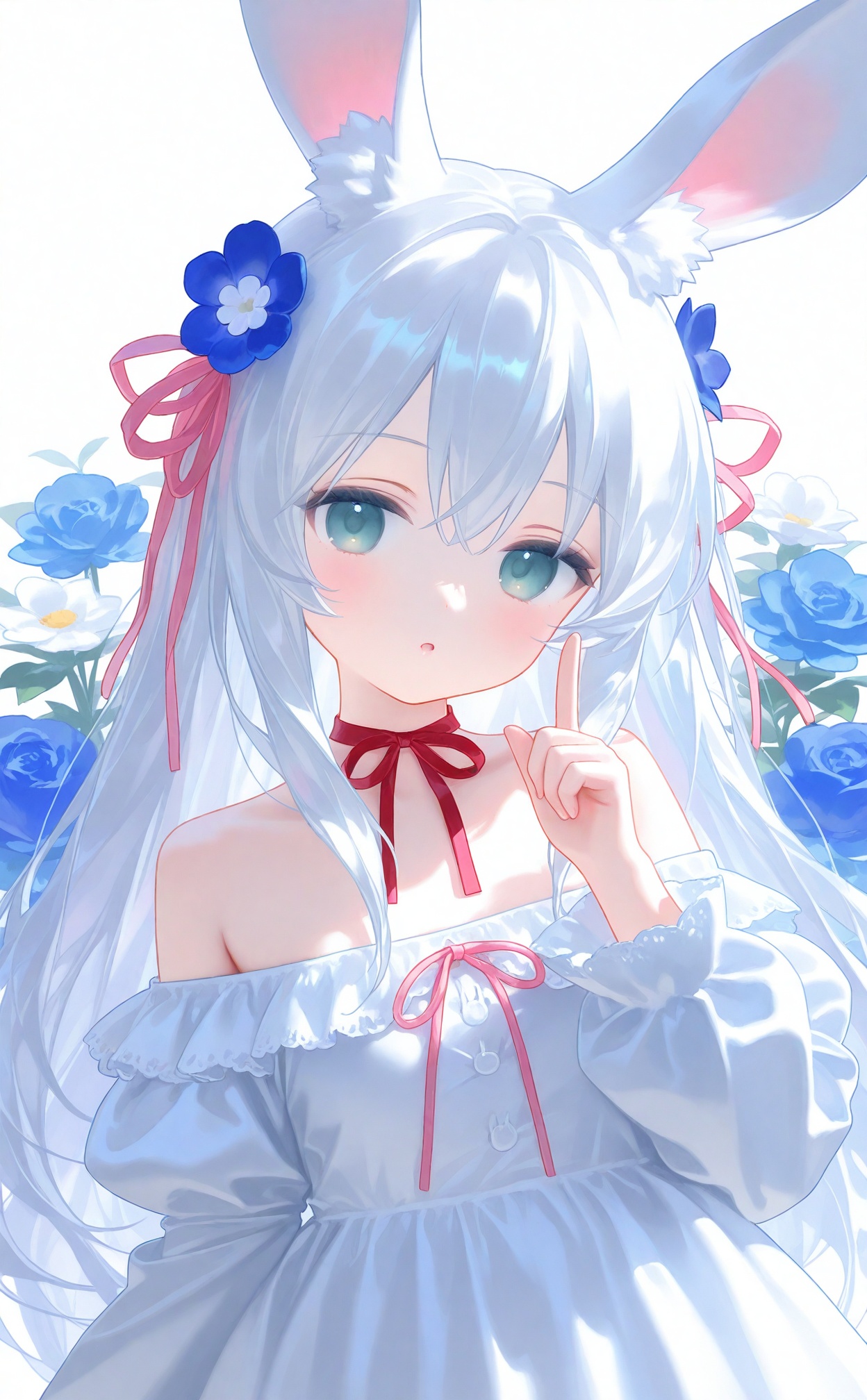 loli,1girl,animal ears,solo,dress,rabbit ears,ribbon,long hair,flower,white dress,hair flower,white hair,looking at viewer,hair ornament,long sleeves,red ribbon,white background,hair between eyes,off shoulder,white flower,blue eyes,puffy sleeves,collarbone,frills,white theme,hair ribbon,arm up,frilled dress,rabbit girl,parted lips,simple background,index finger raised,pink ribbon,upper body,very long hair,off-shoulder dress,breasts,animal ear fluff,juliet sleeves,neck ribbon,blush,aqua eyes,bare shoulders,green eyes,pointing,expressionless,medium breasts,pointing up,:o,floral background,closed mouth,hand up,grey eyes,blue flower,