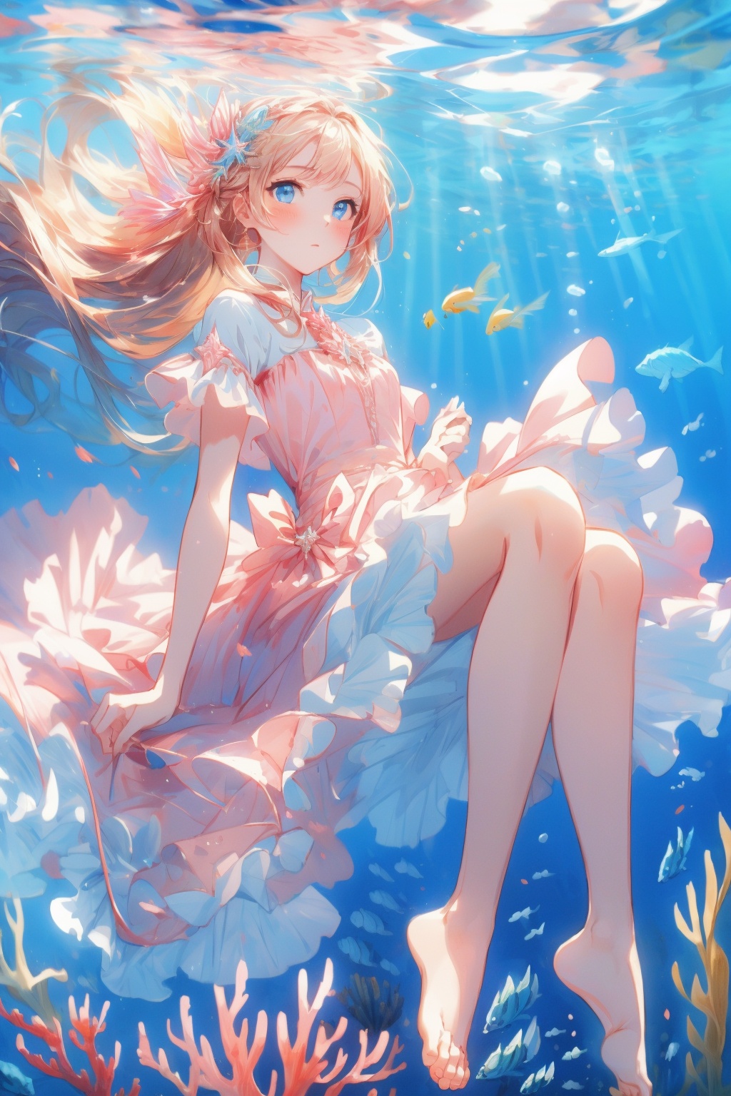 best quality,(masterpiece:1.3),ultra-detailed,best quality,(masterpiece:1.3),long shot,frill,golden hair,long hair,pink dress,blue eyes,floating in water,jump up,delicate_features,pretty_face,pure,lovely,blush,looking at viewer,bare foot,seabed,under the sea,underwater,deep sea,<lora:menghuangan_max:0.7>,<lora:fanguang_V1-000014:0.5>,<lora:add_detail:0.5>,