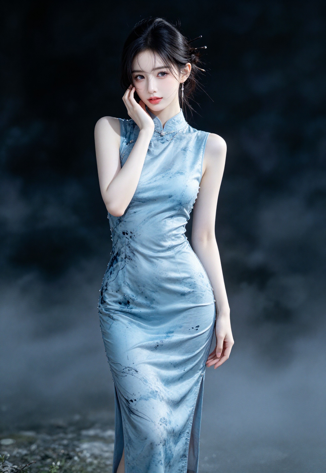 以梦核和意识流为特色的高清64K写真人像作品,  呈现出一位东方的冷白皮妙龄美女。她身着浅蓝色带有水墨花纹、贴合身形的无袖改良旗袍,  瓜子脸尖下巴 by 天海TianHai on Tensor.Art