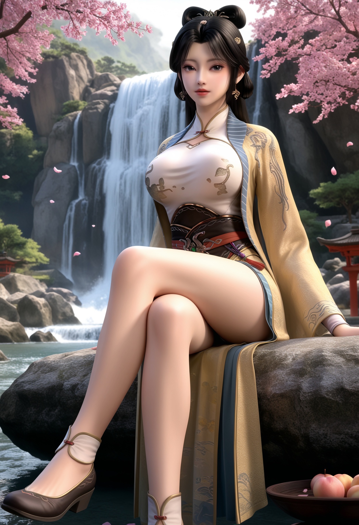 masterpiece,best quality,amazing quality,high resolution,ultra-detailed,absurdres,(looking at viewer:1.1),full body,(moody lighting:1.1),waterfall,peach blossom,falling petals BREAK large breasts,hanxiangxiu,1girl,solo,long hair,black hair,chinese clothes,dress,jewelry,hair ornament,realistic,earrings,black eyes,long sleeves,hair rings,shoes,sitting,(crossed legs:1.3) BREAK photorealistic details,<lora:QQSillhanxiangxiuV1:0.8>,