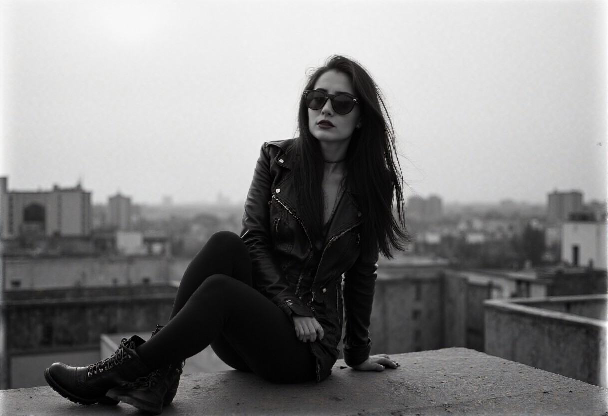 analog_feel,  a powerful and atmospheric rooftop portrait,  a young woman with long straight hair on Tensor.Art