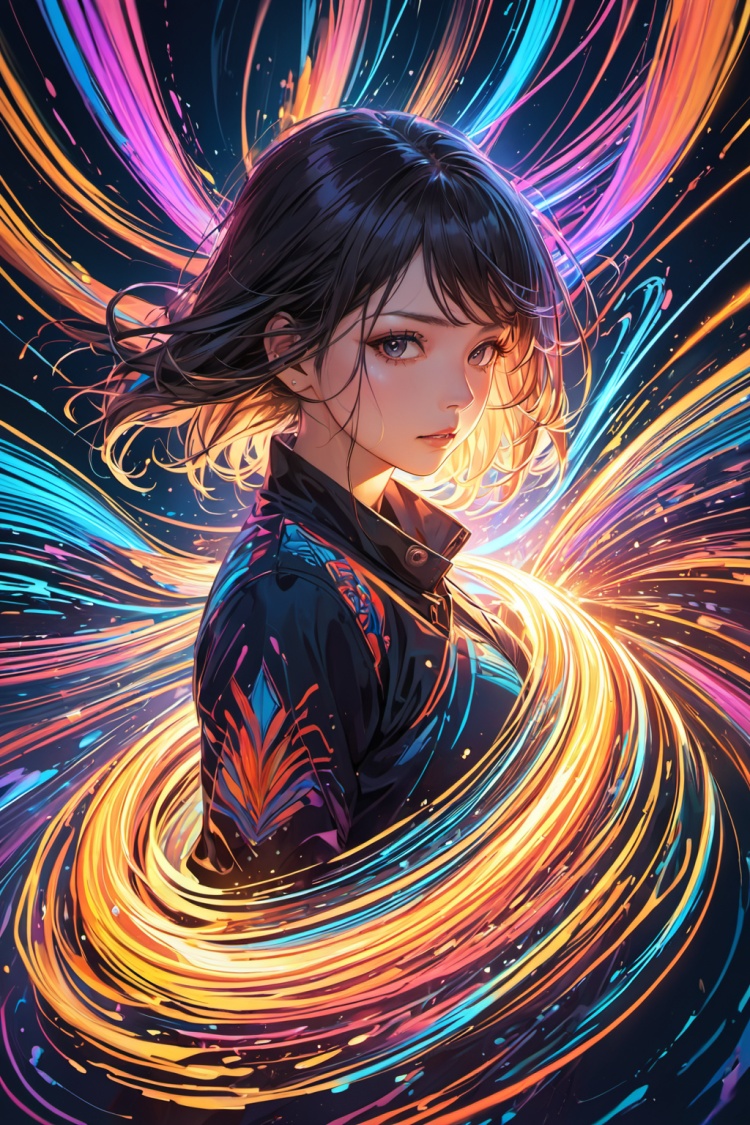 (masterpiece, best quality:1.4),realistic anime style,(long exposure,shining light),dynamic streaks,luminous trails,vibrant colors,fluid movement,captivating patterns,creative experimentation,(1girl),(highest detailed),