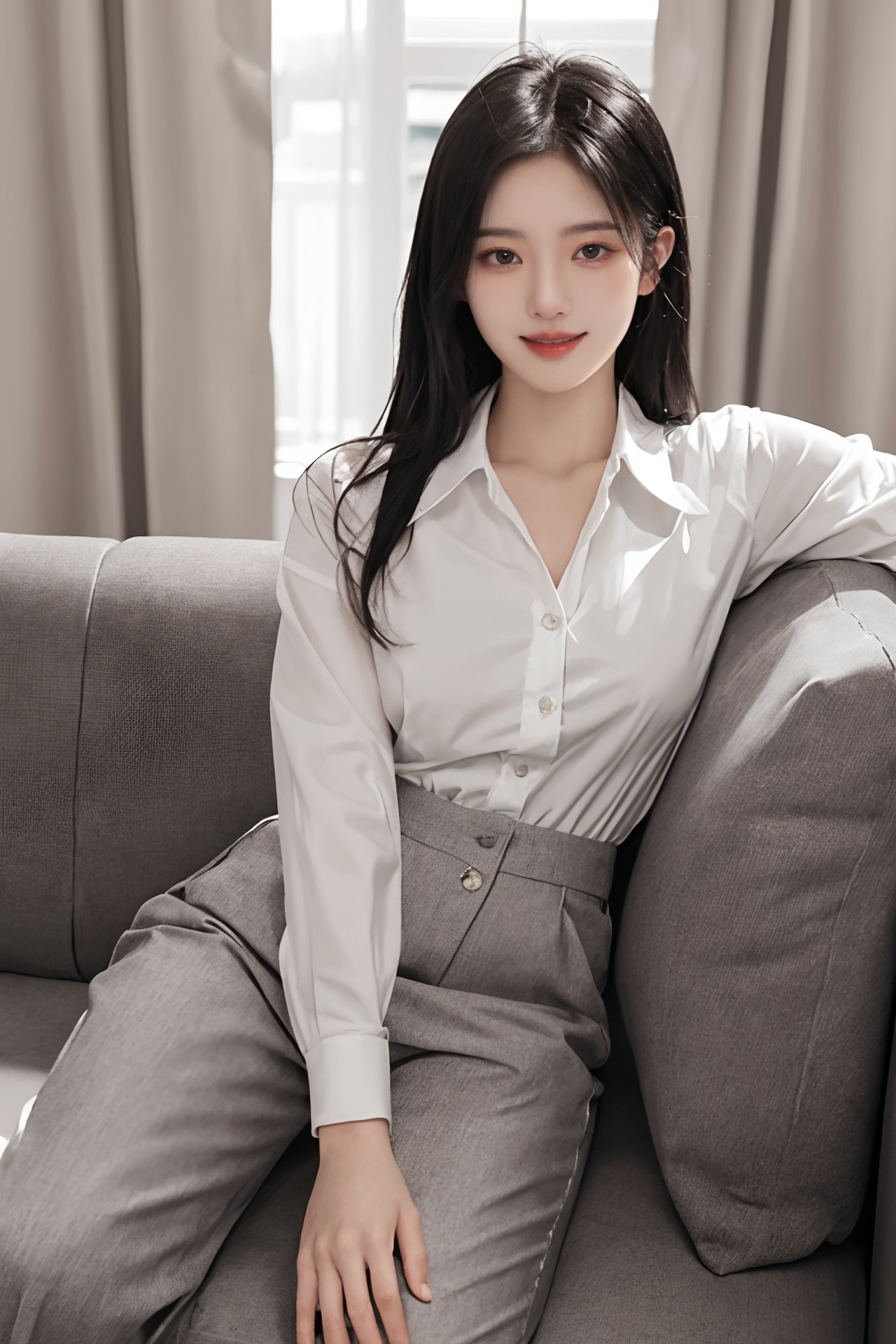 1girl, asian, black hair, brown eyes, buttons, couch, curtains, dress shirt, indoors, lips, looking at viewer, pants, realistic, shirt, sitting, smile, solo<lora:绘画美女1.0:0.66>